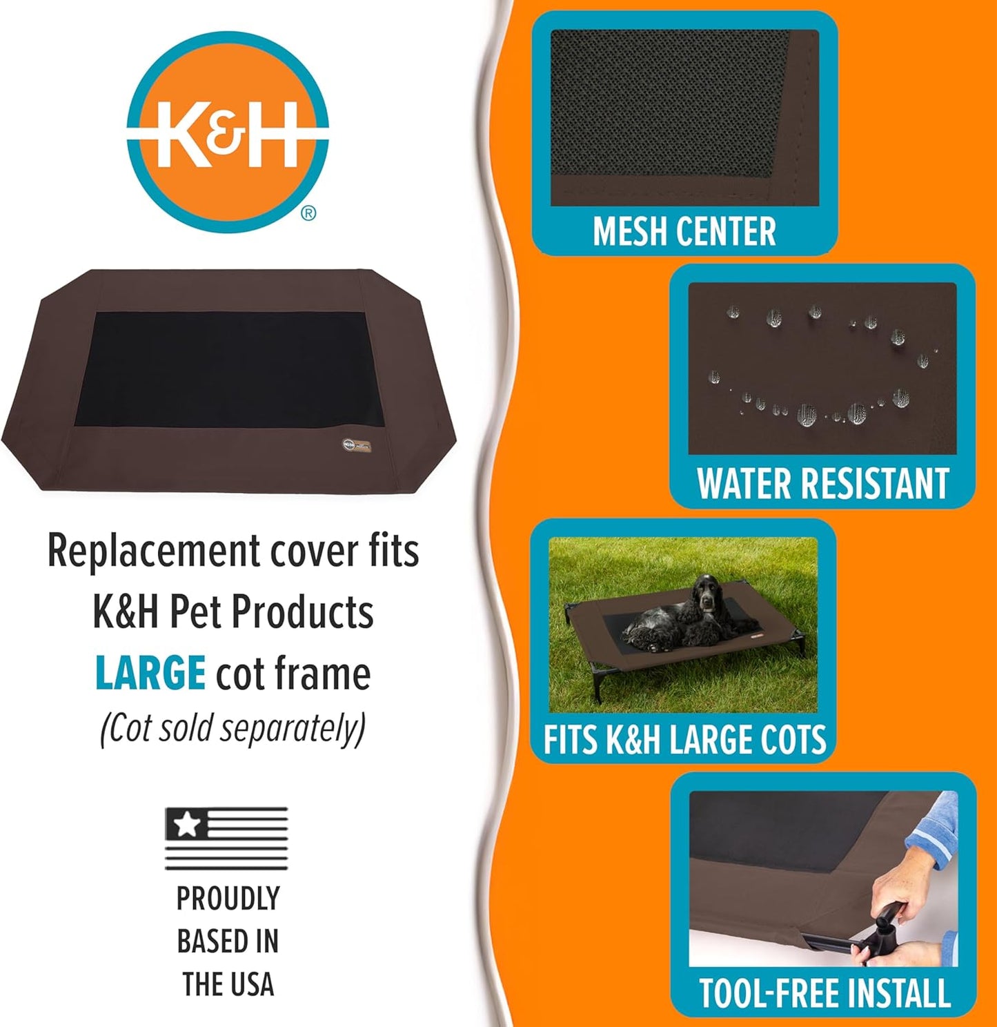 K&H Pet Products Dog Cot Replacement Cover, Designed to fit K&H Large Pet Cots (Sold Separately), Indoor Outdoor, Breathable Cooling Mesh Center, Machine Washable - Large 42 X 30in Chocolate