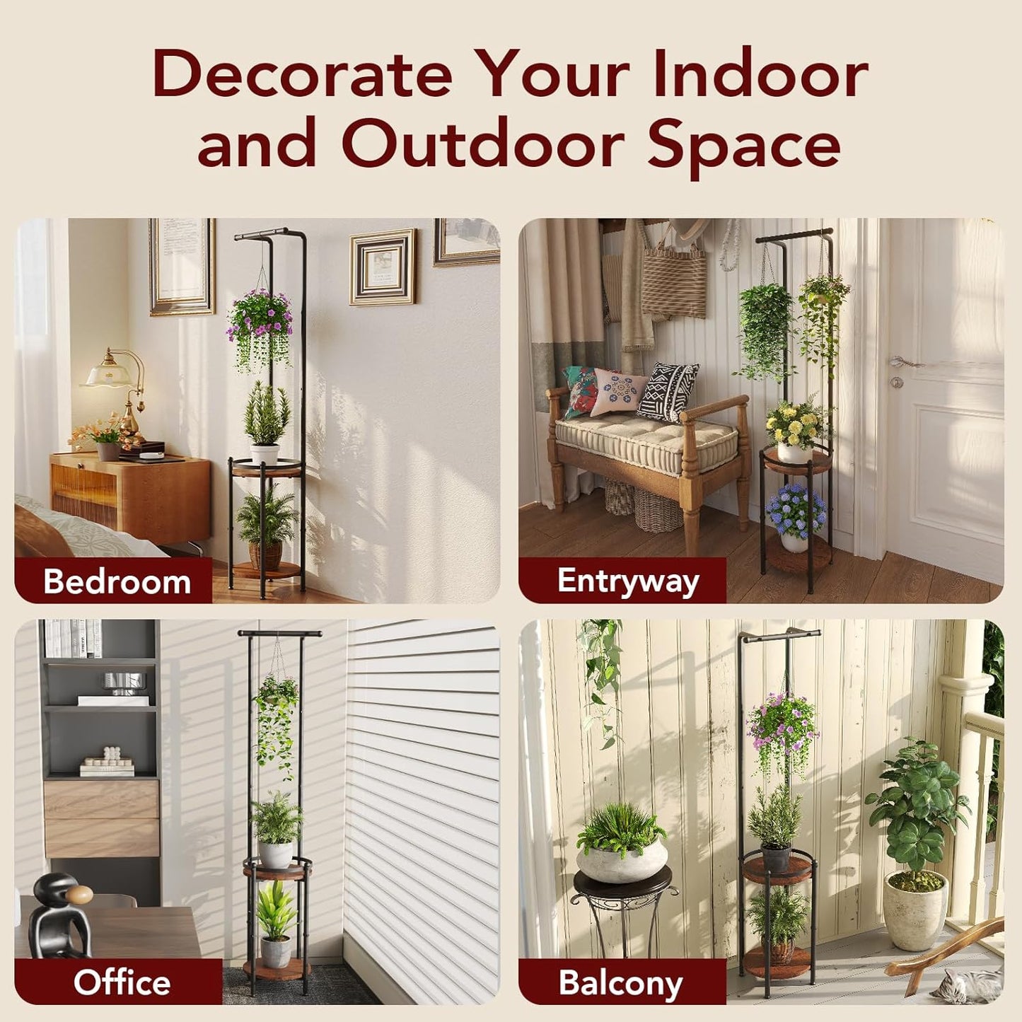 Plant Stand Indoor Outdoor - Heavy Duty Metal 2-tier Hanging Plant Holder Space-Saving Iron Plant Stands Tall Plant Shelf for Living Room Garden Balcony（Rustic Brown and Black）