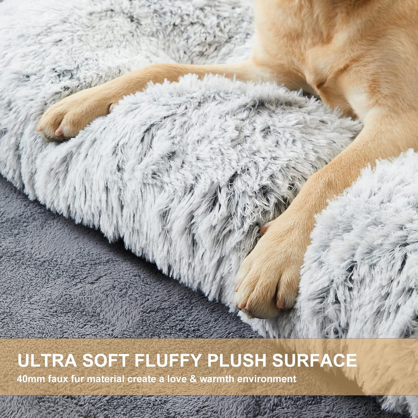BFPETHOME Dog Beds for Large Dogs, Plush Dog Crate Bed Fluffy Cozy Kennel Pad for Sleeping &Ease Anxiety, Washable Pet Mats with Anti-Slip Bottom for Large Medium Dogs, Pet Bed Grey
