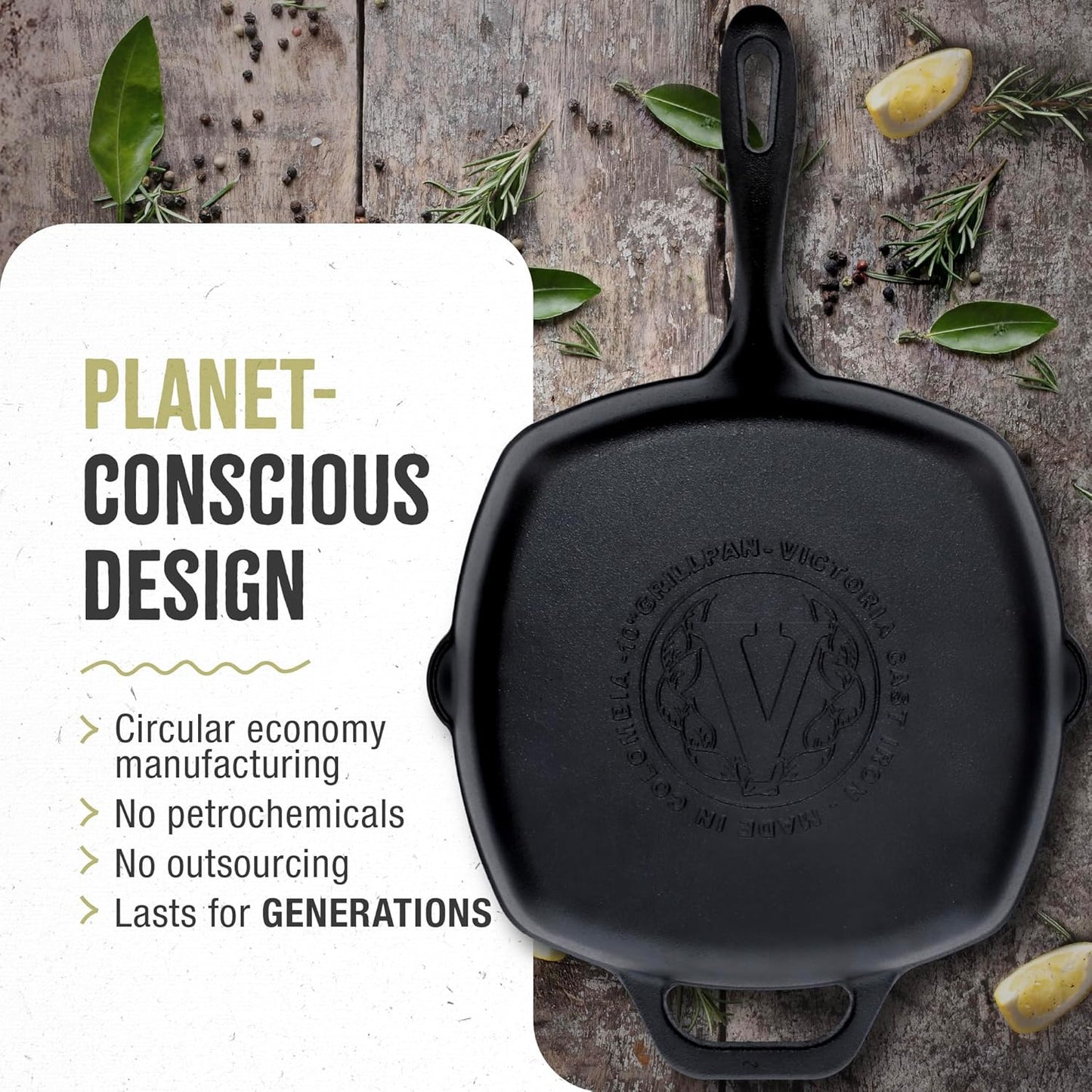 Victoria Cast Iron Grill Pan, Square Grill Pan, Cast Iron Griddle Pan, Seasoned with 100% Kosher-Certified, Non-GMO Flaxseed Oil, Black, 10 Inches