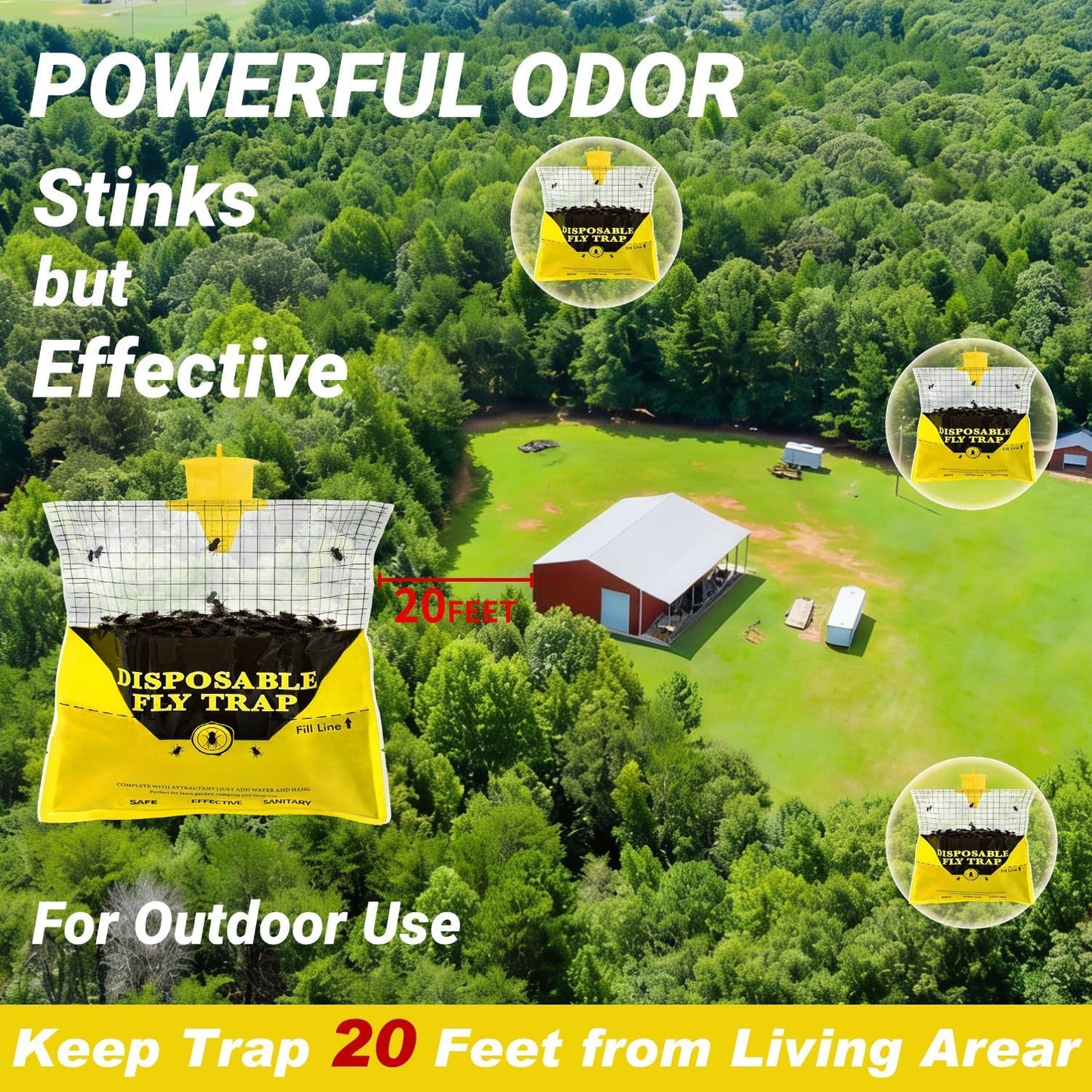 Glovv Fly Traps Outdoor Hanging with Bait, 6 Pack Disposable Flies Bags Hunter Ranch Trap, Control Bug Catcher Killer Repellent for Stable Horse Barn & Farm
