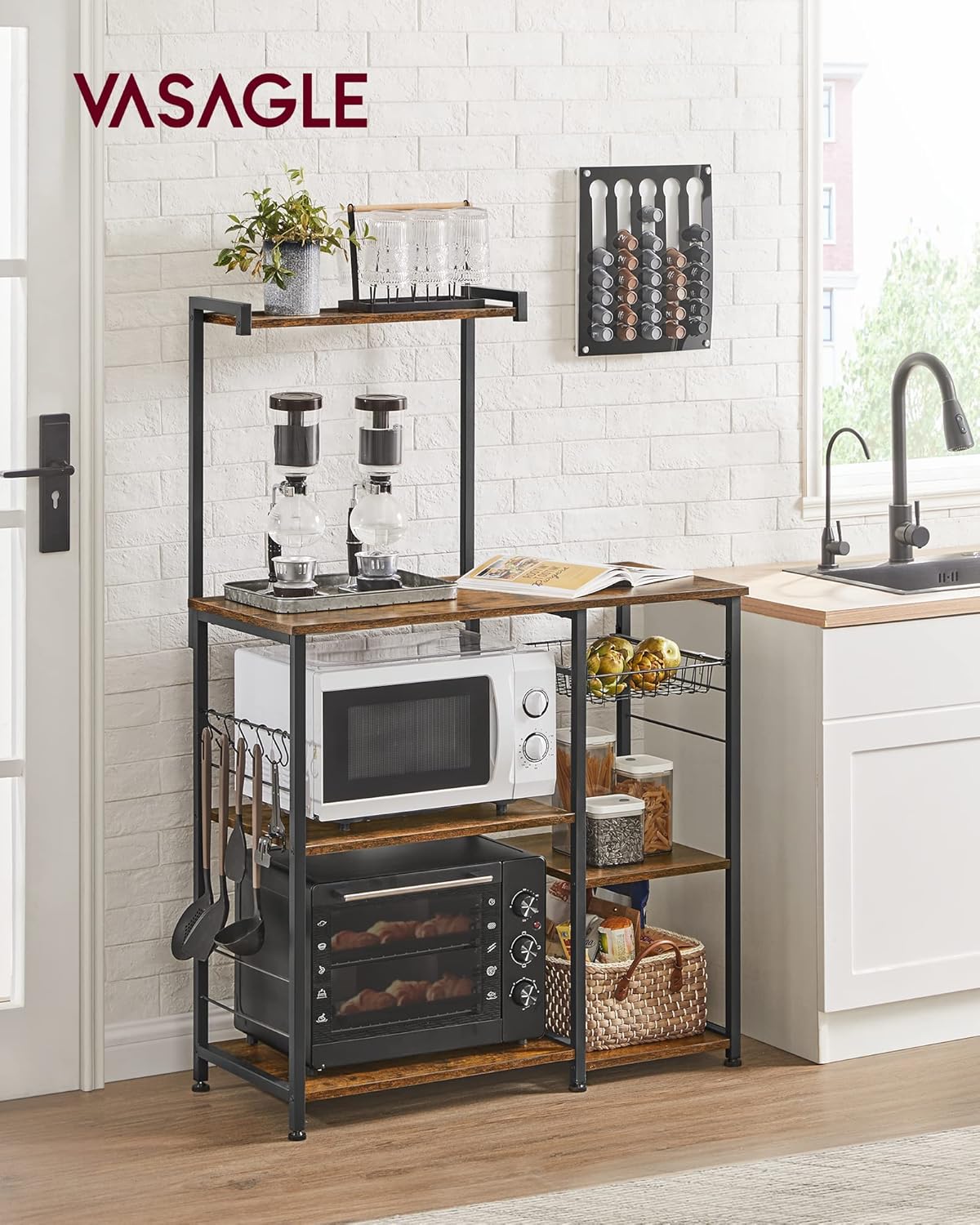 VASAGLE Baker's Rack, Microwave Stand, Kitchen Storage Rack with Wire Basket, 6 Hooks, and Shelves, for Spices, Pots, and Pans, Rustic Brown and Ink Black UKKS35X