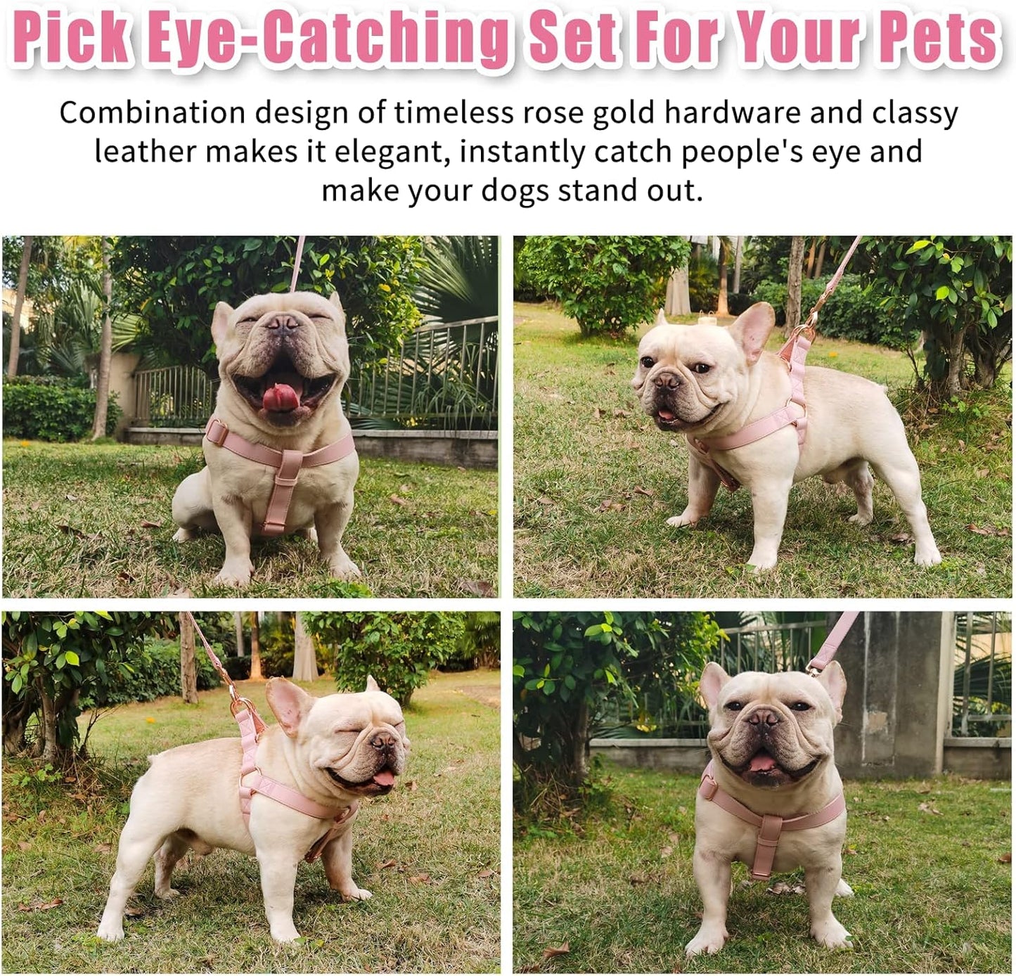 Soft Leather No Pull Dog Harness - Adjustable Step in Dog Harness with Rose Gold Heavy Duty Metal Buckle, Freedom Nylon Dog Halter Vests for Small Medium Large Dogs Easy Walking Training (Pink,L)