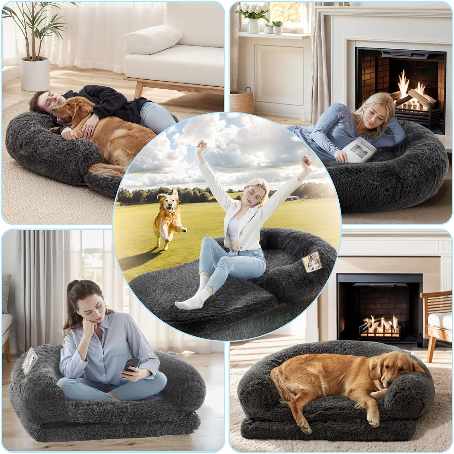 Human Dog Bed - 자이언트 접이식 정형외과 플러시 조절 가능한 소파 베드, 182.9cm x 109.2cm x 25.4cm(72x43x10인치) 다크 그레이 플러시