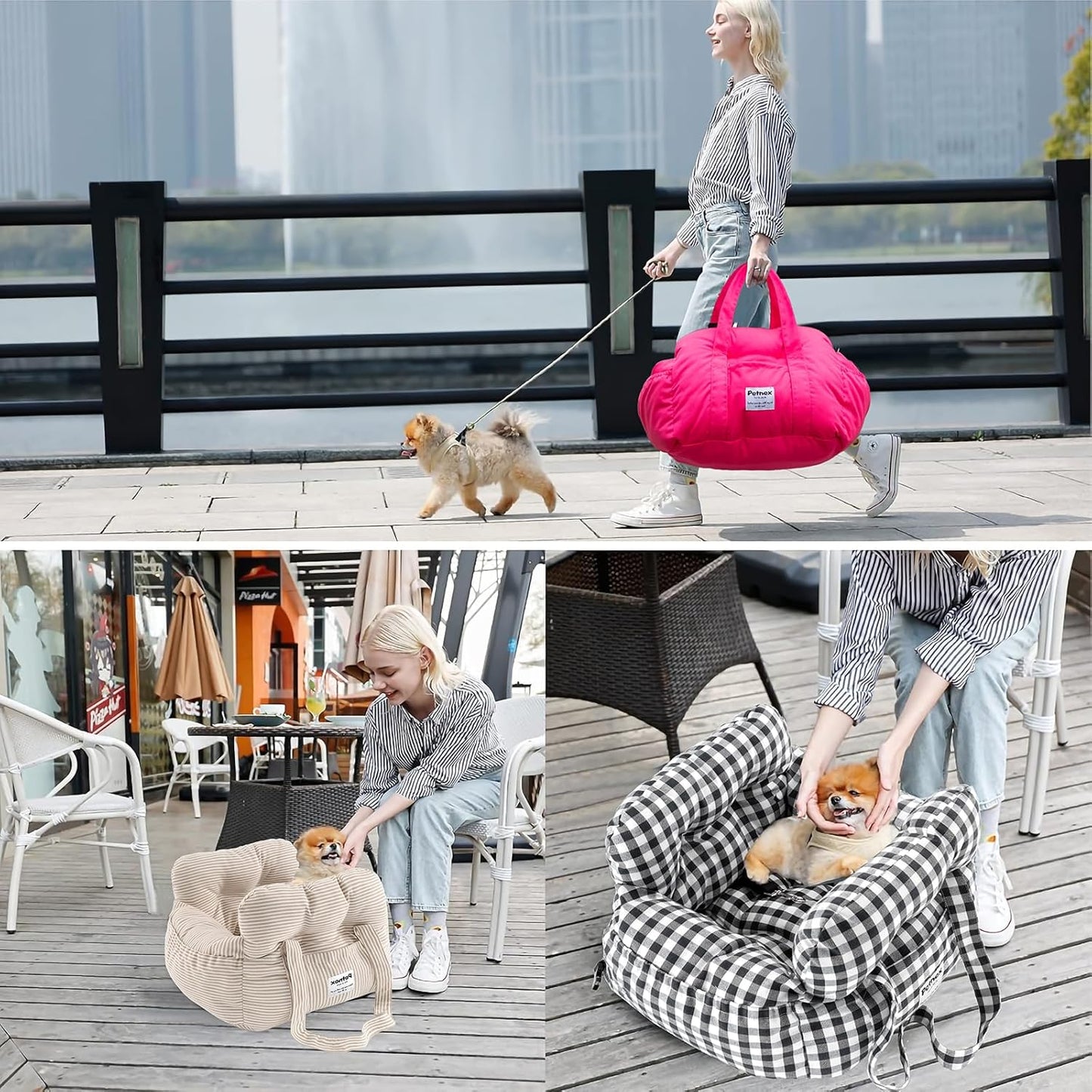 Dog Car Seat for Small Dogs, Portable Puppy Car Seat of Easy Installation, Fashionable Pet Carrier Bag with Large Pockets, Machine Washable Dog Booster Seat (Striped Khaki)