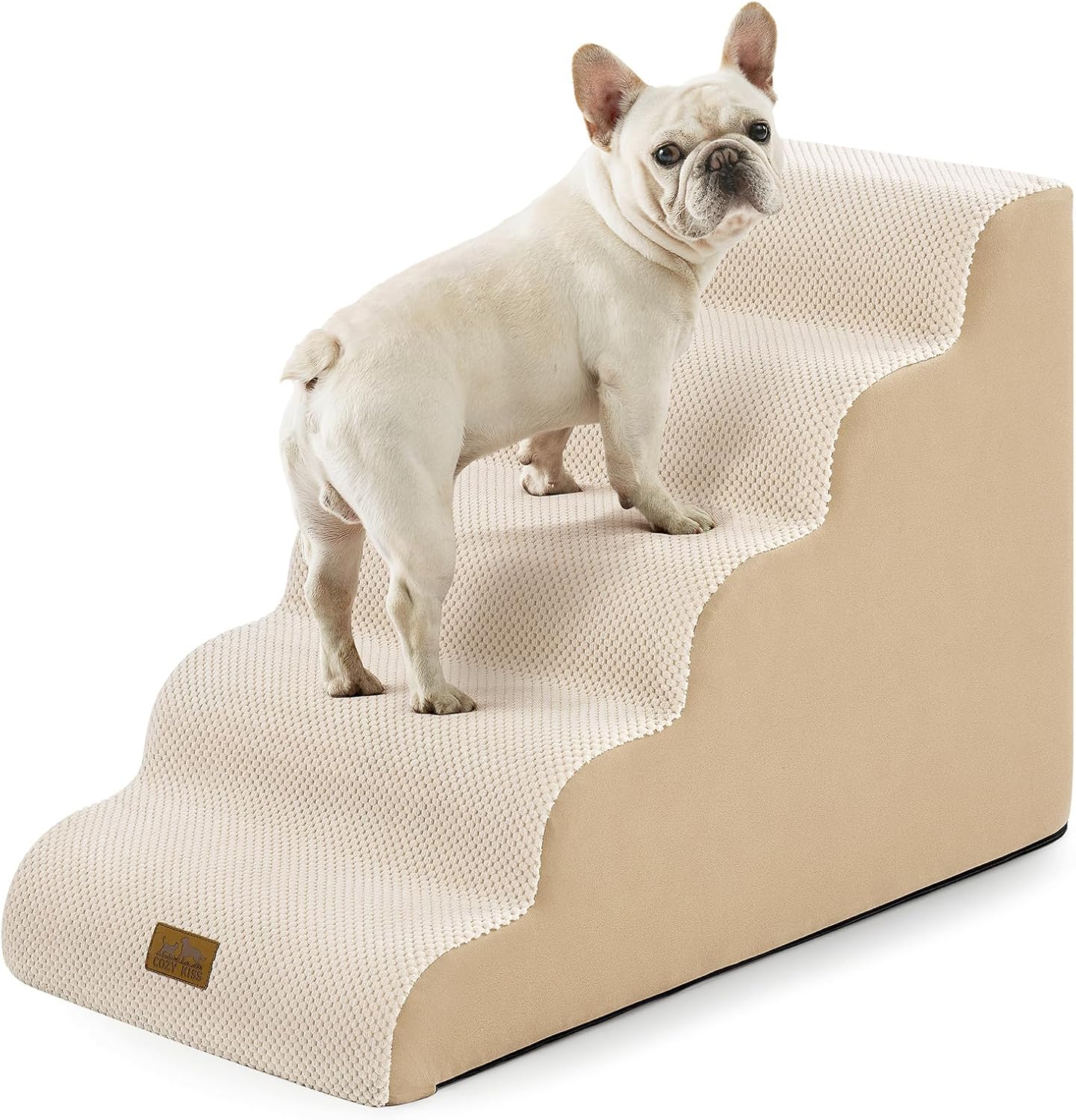 Wide Dog Stairs 19.7" Width, Pet Step for Small Medium/Large Dog, Puppy or Cat, Pet Ramp for High Bed or Car, High Density Foam Ladder, Stable, 5 Step, 19.7x33x22.4 in, Beige