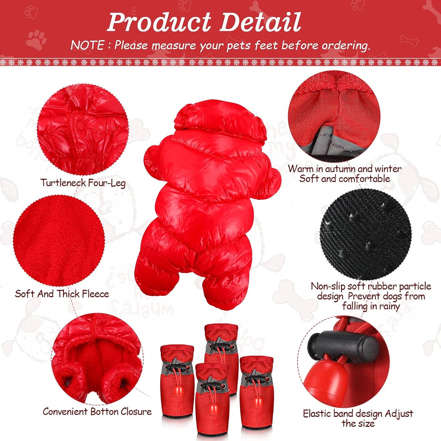 Winter Puppy Warm Coat and Shoes Set Dog Snow Jacket Waterproof Pet Snowsuit Full Body Puffer Jacket Vest Boots Paw Protectors with Reflective Strap for Small Dog Puppy Outdoors Walking