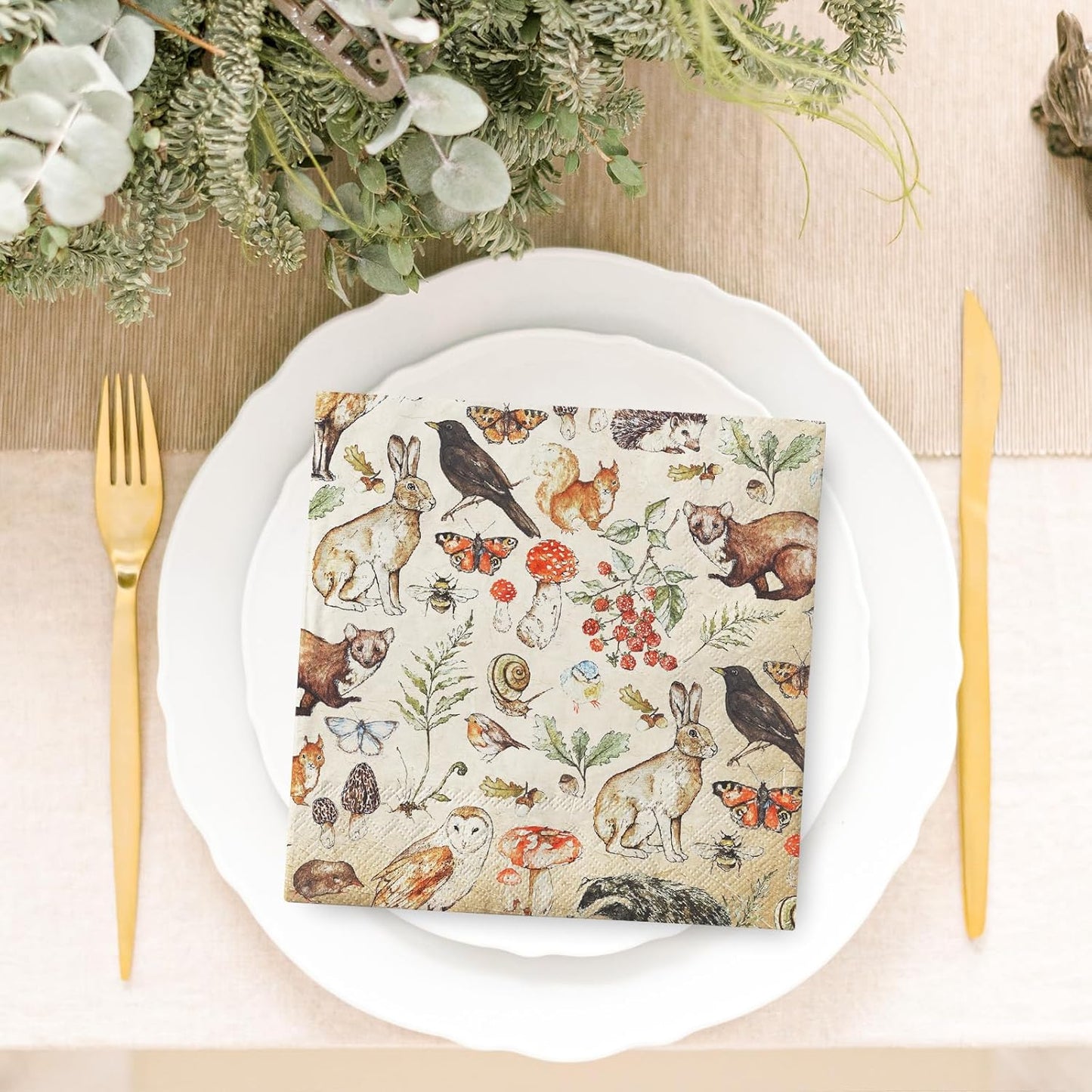 100Pcs Vintage Animal Paper Napkins Fox Squirrel Rabbit Mushroom Luncheon Napkins Dinner Hand Napkin for Farmhouse Home Party Supplies Table Decor