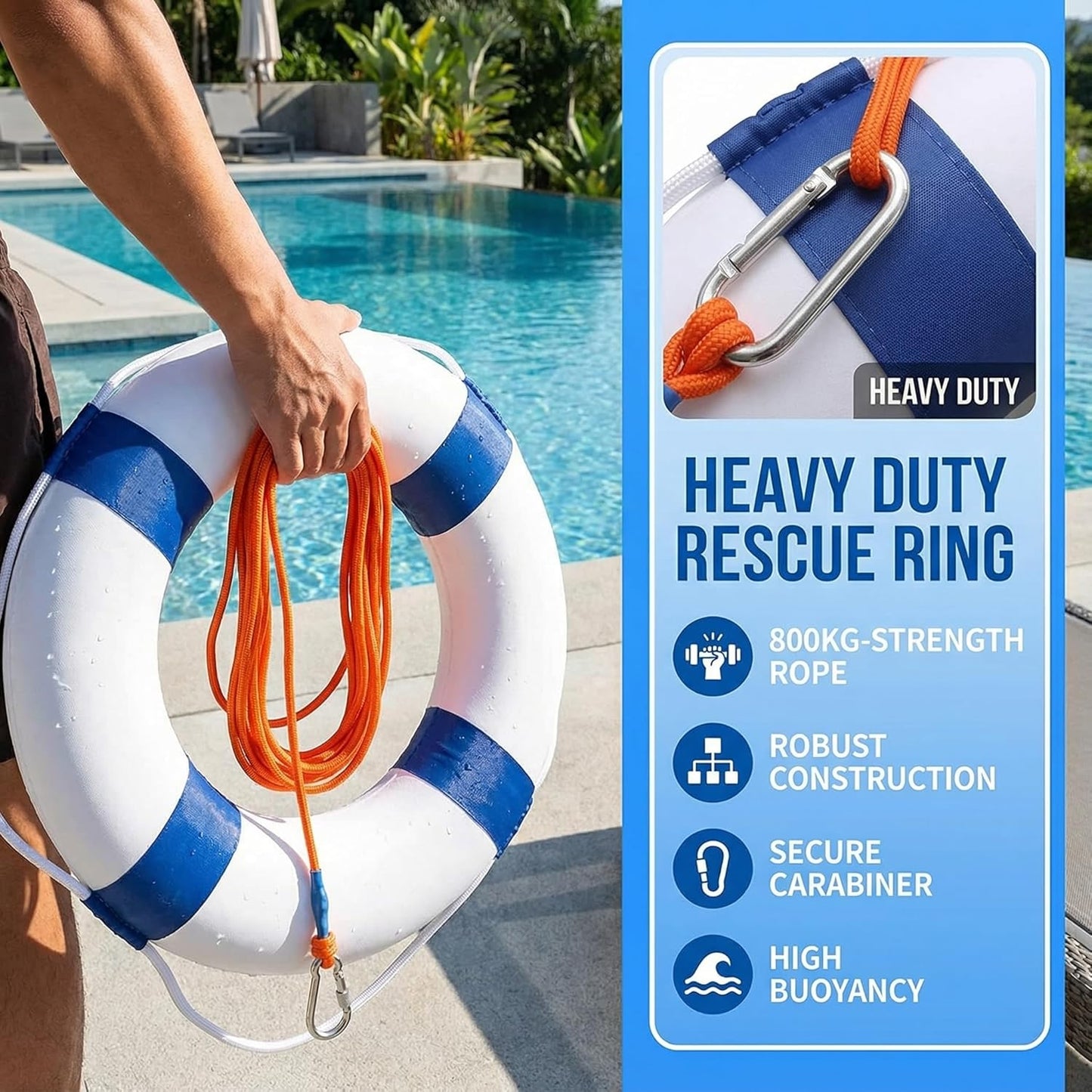20 Inch / 50cm Pool Safety Life Preserver Throw Ring Buoy- Swim Foam Rings for Swimming Pool Wall Decoration with 98.4FT Water Floating Lifesaving Rope