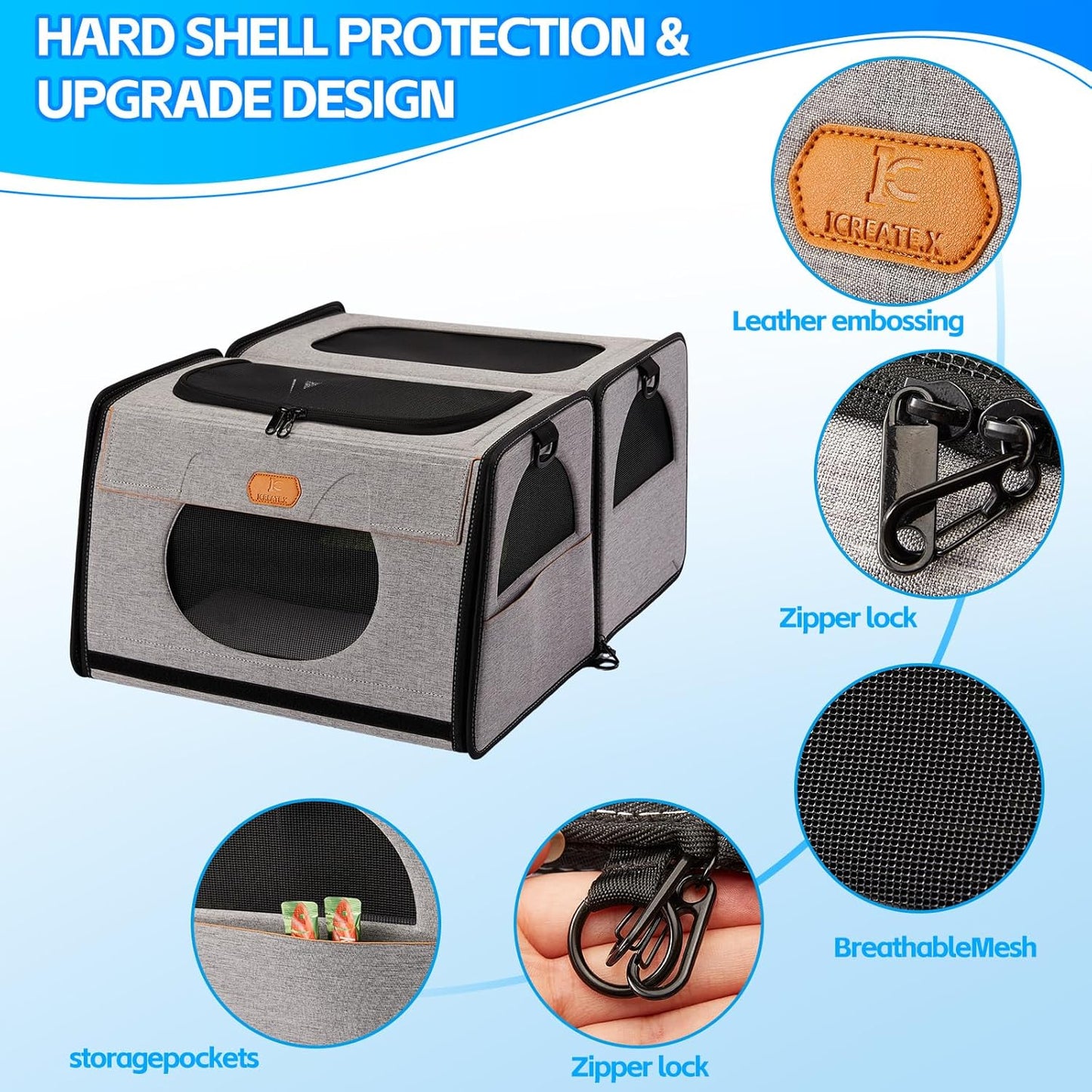 IC ICREATE.X Large Cat Carrier with Litter Box for Car Travel, Pet Carrier Bag 2-in-1，Double Cat Travel Transport Carrier for Long Distance, Collapsible Dog Crate, Cat Bag for Kitten 2 Cats