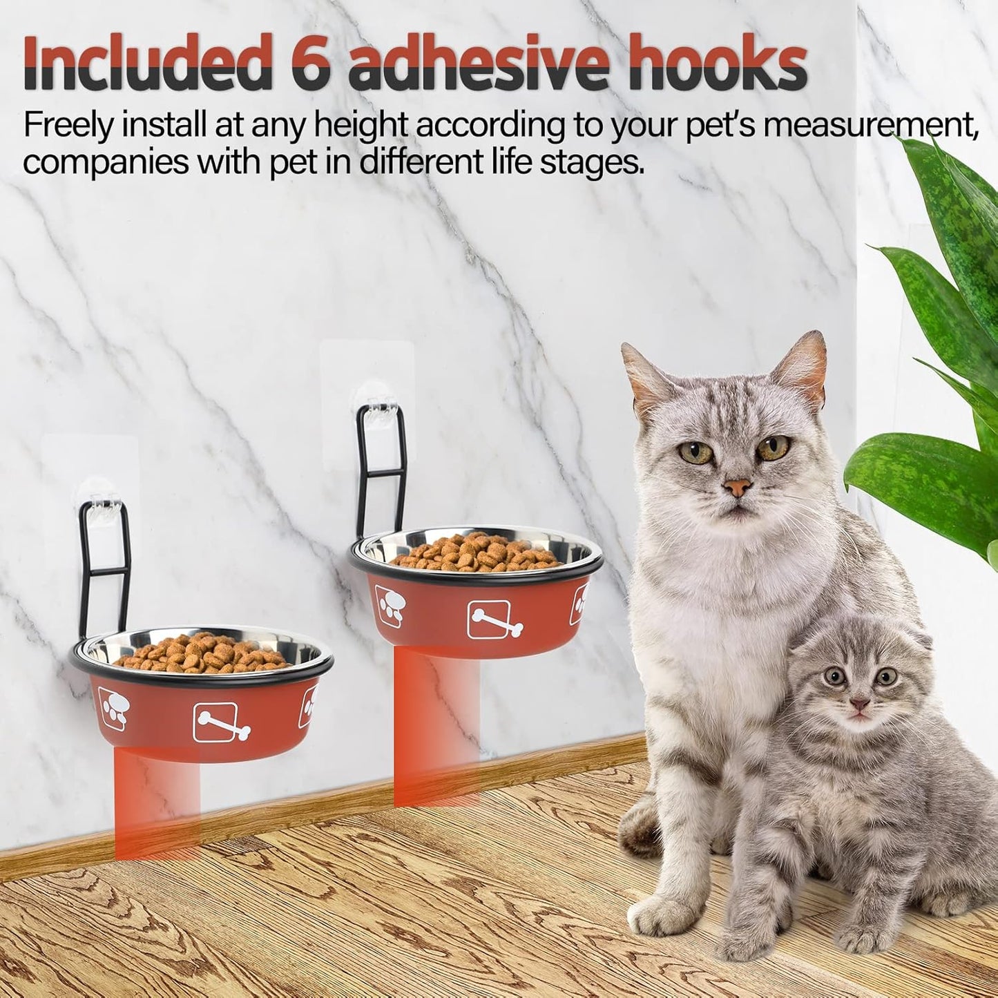 Torlam Elevated Pet Bowls, Wall Mounted Cat Food Dish, Raised Cat Food and Water Bowls, Stainless Steel Elevated Pet Bowls with Stand, Nonslip No Spill Pet Feeding Bowls (2 Packs) (Red)