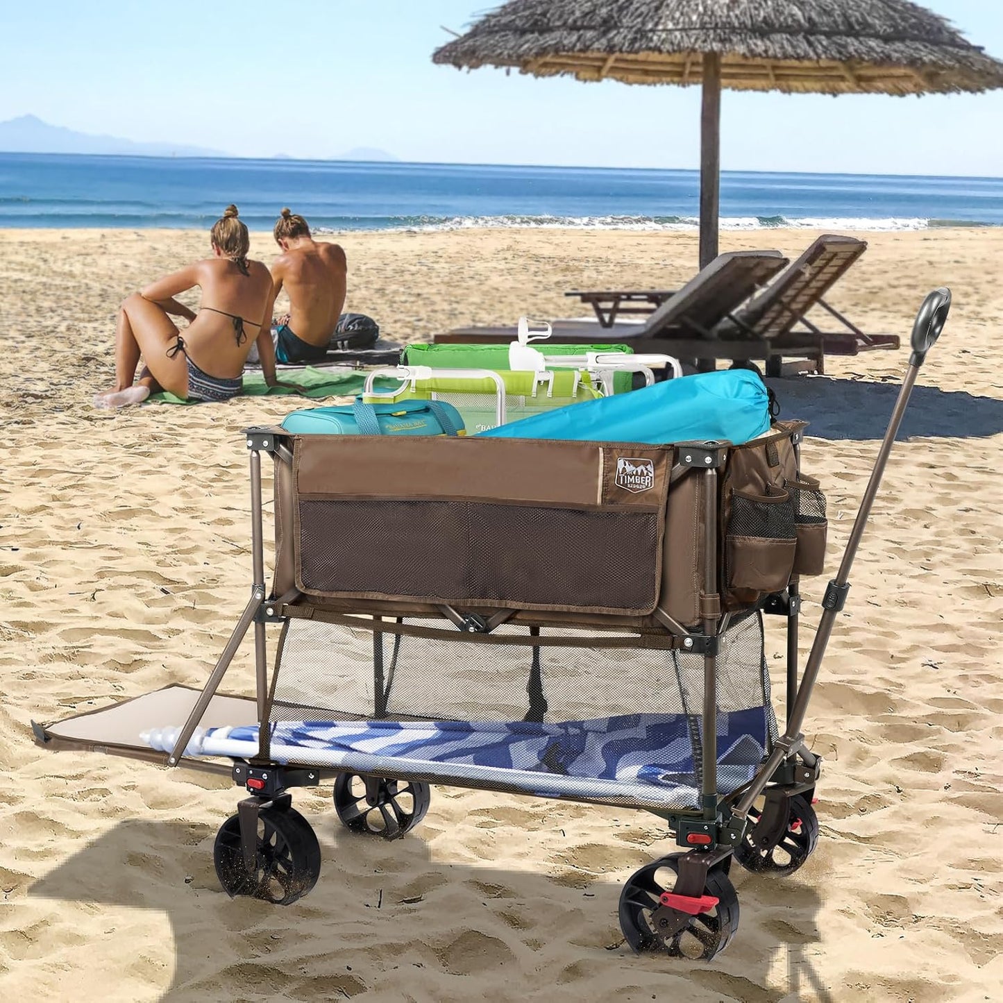TIMBER RIDGE 400L Large Capacity Folding Double Decker Wagon with Brakes, 54" Extra Long Extender Wagon Cart, 450lbs Heavy Duty Collapsible Cart, All-Terrain Big Wheels for Camping, Sports, Shopping