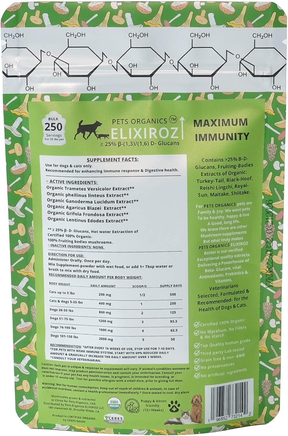 Maximum Immunity >25% β-glucan 100% Mushrooms Fruiting Body Extracts, Veterinarian Recipe for Dogs & Cats Immune, Digestive, Vitamins, Probiotics, with Turkey Tail, Reishi extracts.250 Servings