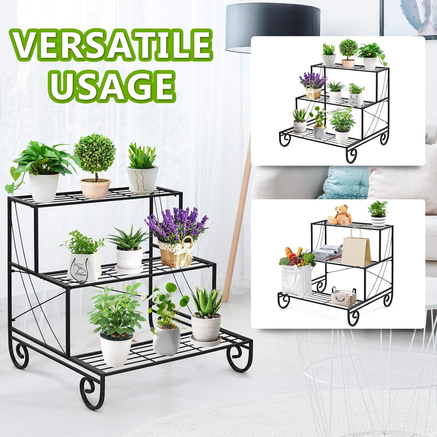 Giantex Tiered Plant Stand Outdoor, 3 Tier Metal Plant Stands for Multiple Plants w/ Curved Legs, Garden Shelf Flower Pot Holder Storage Organizer Rack for Indoor Outdoor Garden Balcony Porch