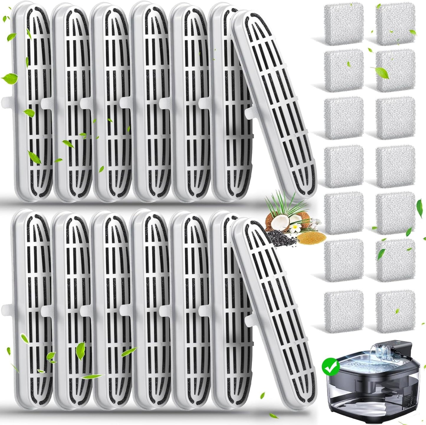 Cat Water Fountain Filters, 14 Pack Replacement Filters & 14 Pack Sponges Set For OPOWO 108oz/3.2L Wireless Cat Fountain FT999 Pet Drinking Fountain Dog Water Dispenser