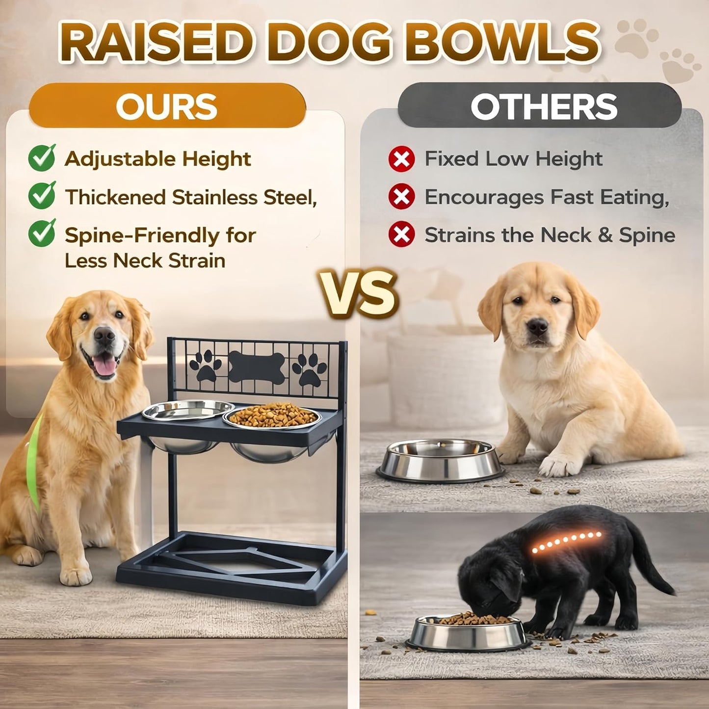 Elevated Dog Bowls Raised Pet Feeder Adjustable Dog Bowl Stand with Stainless Steel Bowls and ABS Frame, Double Dog Feeding Station with Paw Print Bone Decor for Medium Large Dogs