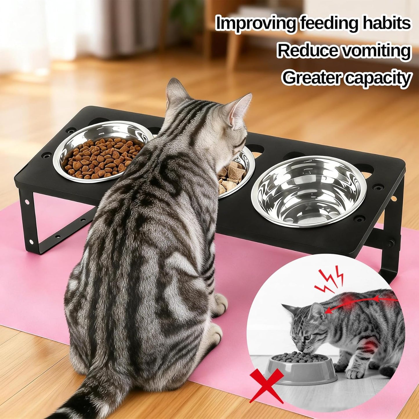 10°Tilted Elevated Cat Bowls with Food Mat & 3 Stainless Steel Pet Dishes, Raised Cat Food Water Bowls Set, Anti-Vomiting for Indoor Cats and Small Dogs, Bonus Treat Spoon