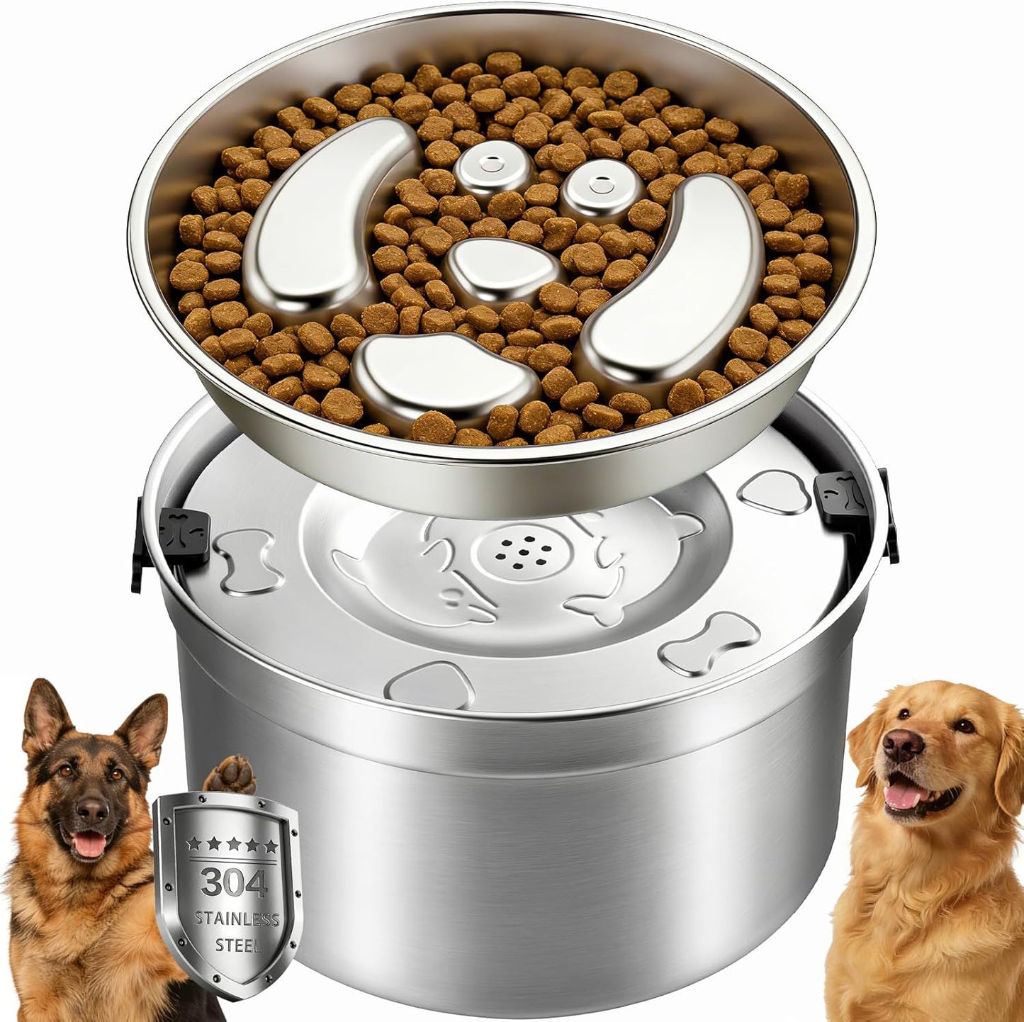 3.2L/108oz No Spill Dog Water Bowl & 4 Cups Slow Feeder Bowl Set - 304 Stainless Steel, Splash Proof Anti Slobber Stopper for Dogs, Slow Drinking & Eating Puzzle Bowl for Large Medium Small Breeds