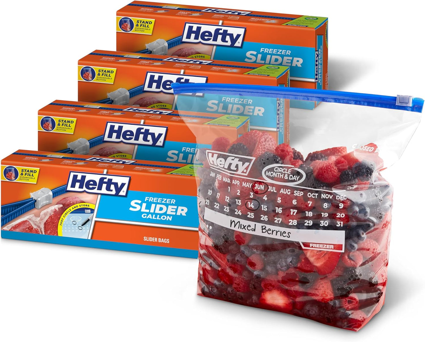 Hefty Calendar Slider Gallon Freezer Bags, 25 Count (Pack of 4), Gallon Slider Bags for Freezer with Calendar Dates, Holds Raw Meat, Soups, Fruits and Veggies, and More, Secure Zip and Click Closure