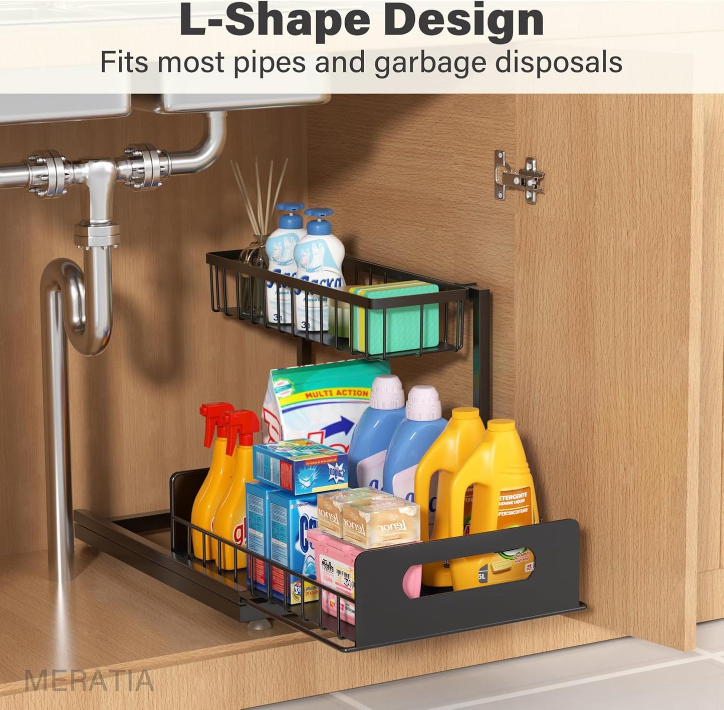 Under Sink Organizer 2 Tier, Pull Out Drawer Slides Under Sink Storage for Bathroom Kitchen,Multi-Purpose Drawer Under Cabinet Organizer for Cleaning Supplies (Black, 2 Pack)