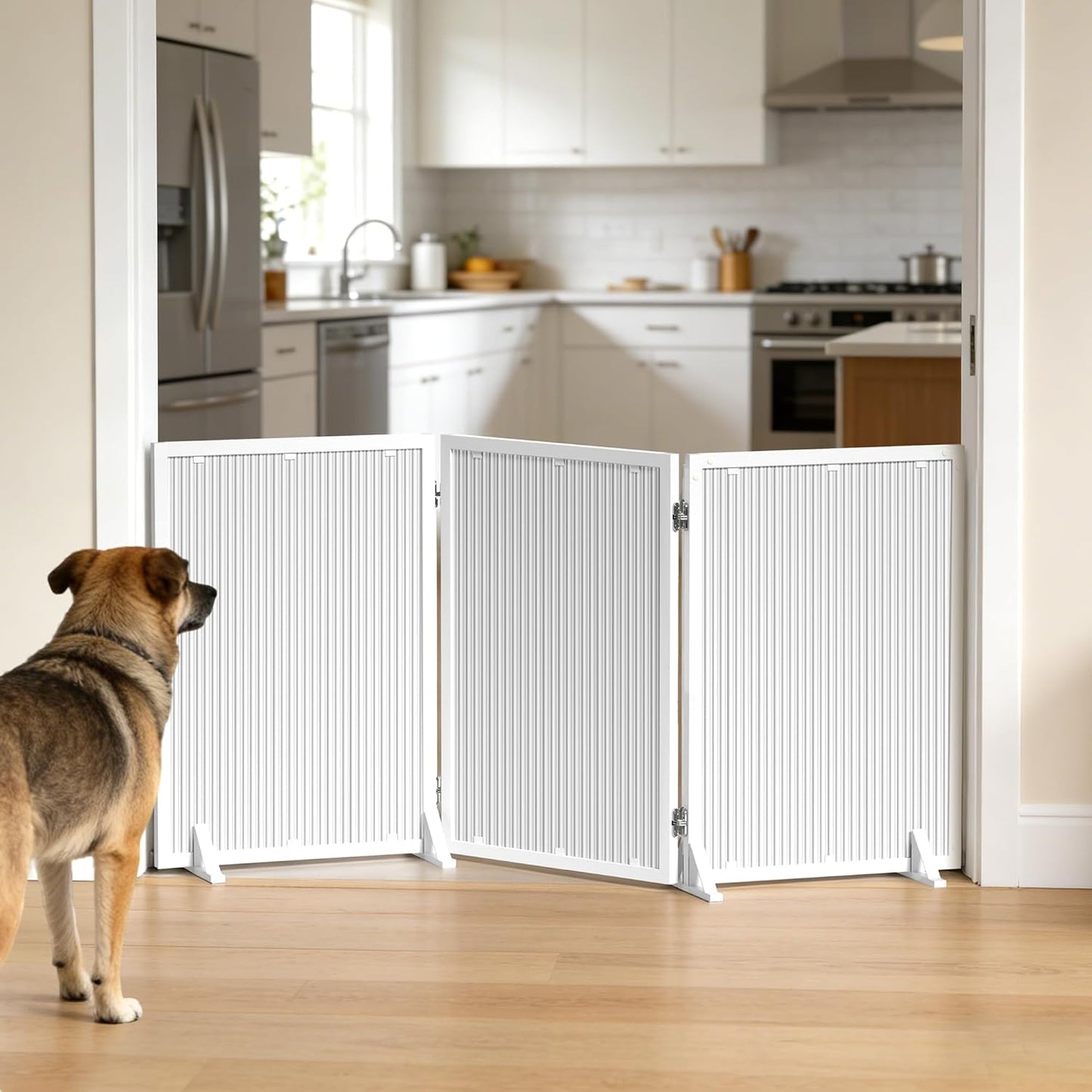 Freestanding Dog Gate 24inch Foldable Expandable Sturdy Pet Gate for Small Medium Dogs Modern Style Indoor Dog Gates for Doorways Stairs Hallway Kitchen Living Room,3 & 4 Panel