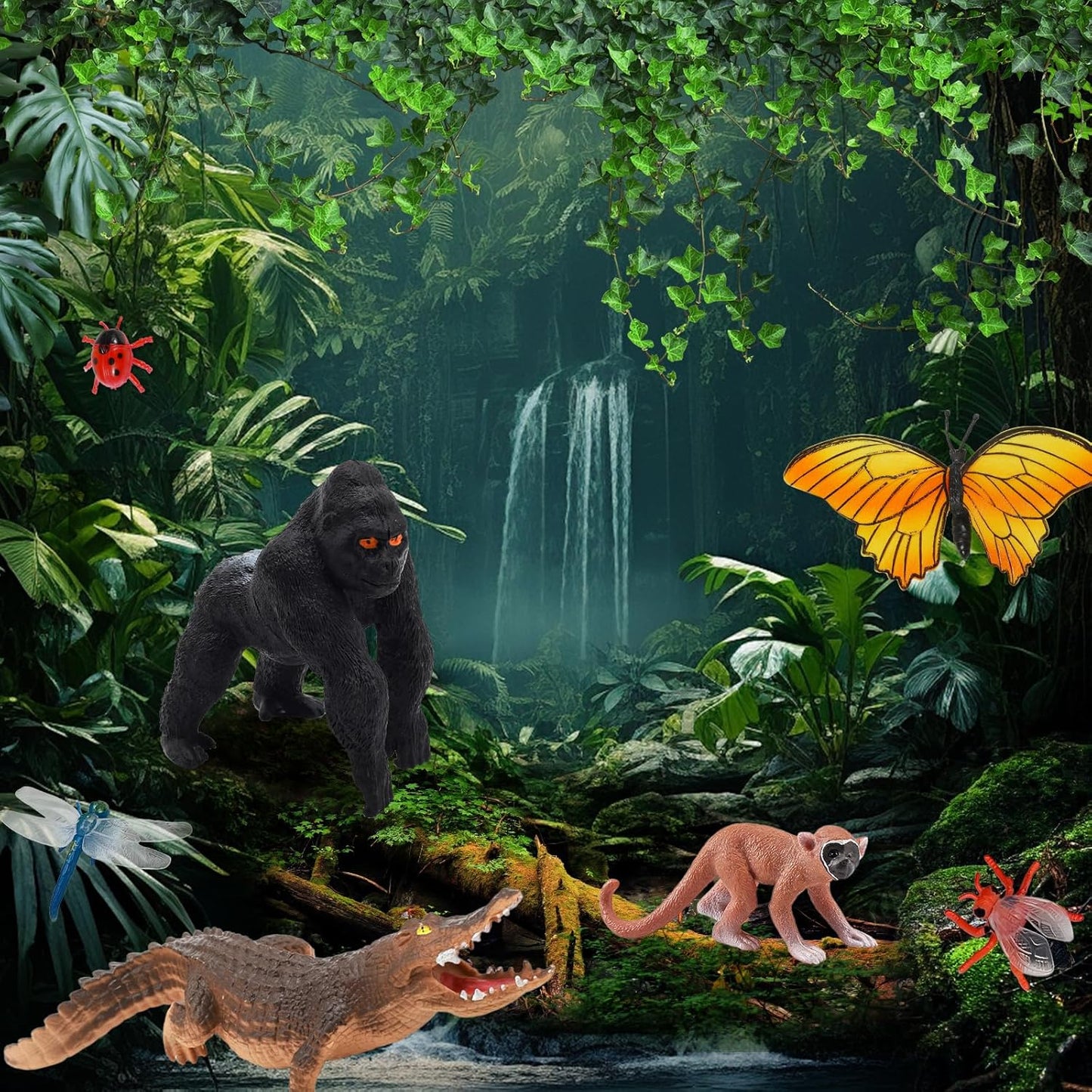 34 PCS Rainforest Diorama Kit Rainforest Animals Figurines Set Assorted Creatures Rainforest Diorama Supplies Animals Model Trees DIY Rainforest Decor