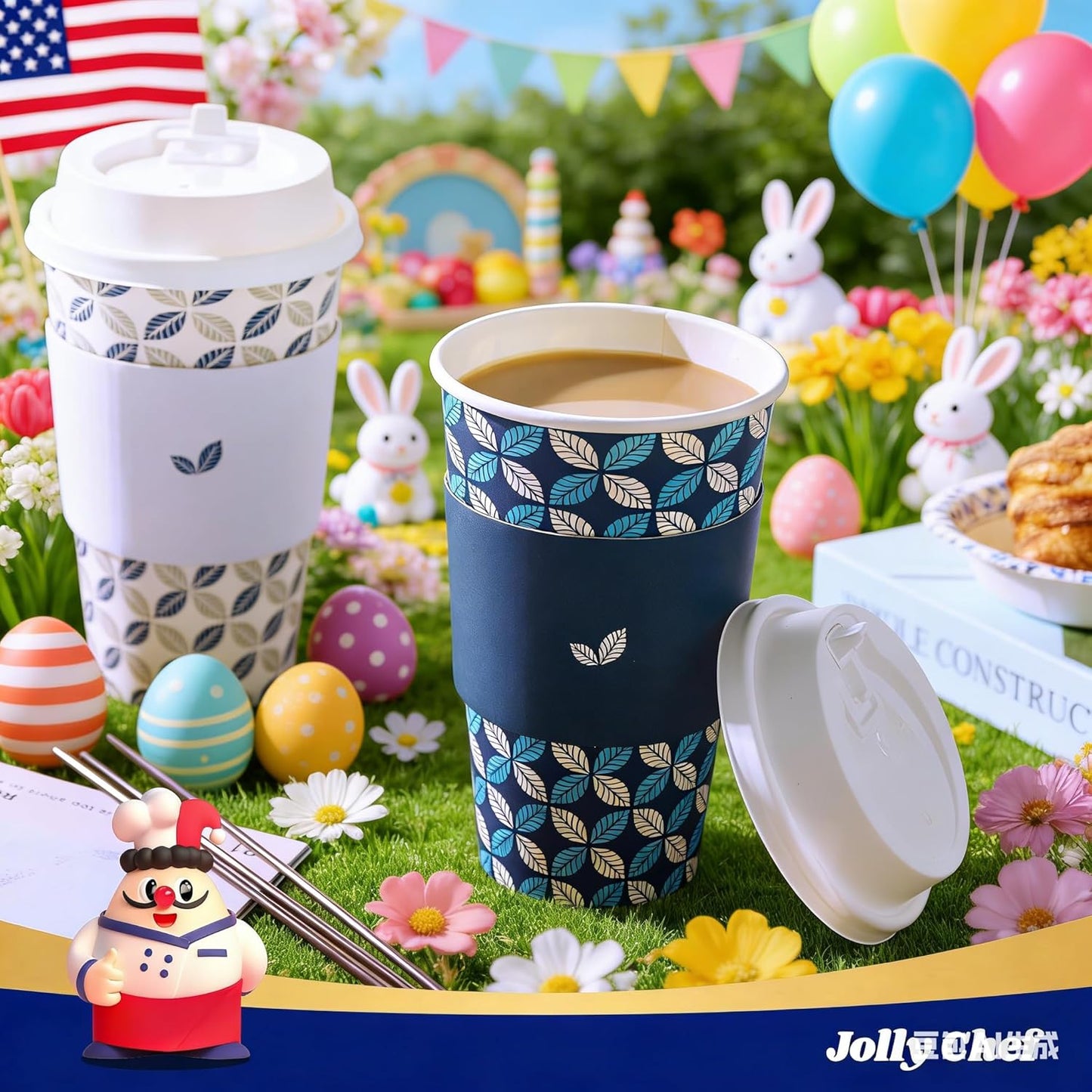 JOLLY CHEF 16 oz Coffee Cups with Lids 100 Pack, Disposable Hot Paper Coffee Cups with Lids, Sleeves and Stirrers for Christmas, Thanksgiving, Party