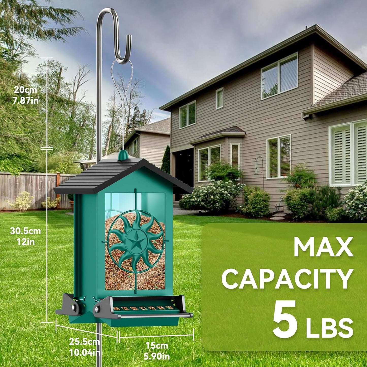 Metal Squirrel Proof Bird Feeders for Outdoors With Weight-Activated, 5LB Large Wild Bird Feeders for Cardinals,Blue jay,Finch, Weatherproof Durable Hanging Bird Feeder for Backyard,Garden,Patio-Green