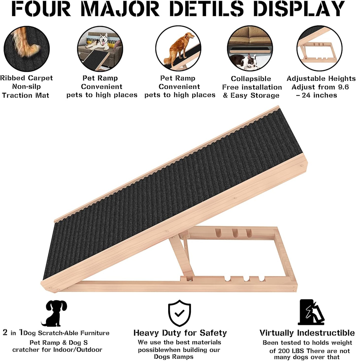 Adjustable Pet Ramp for All Dogs and Cats - Folding Portable Dog Ramp for Couch or Bed with Non Slip Carpet Surface, 40”Long and Height Adjustable from 9”to 24” - Up to 100 Lbs