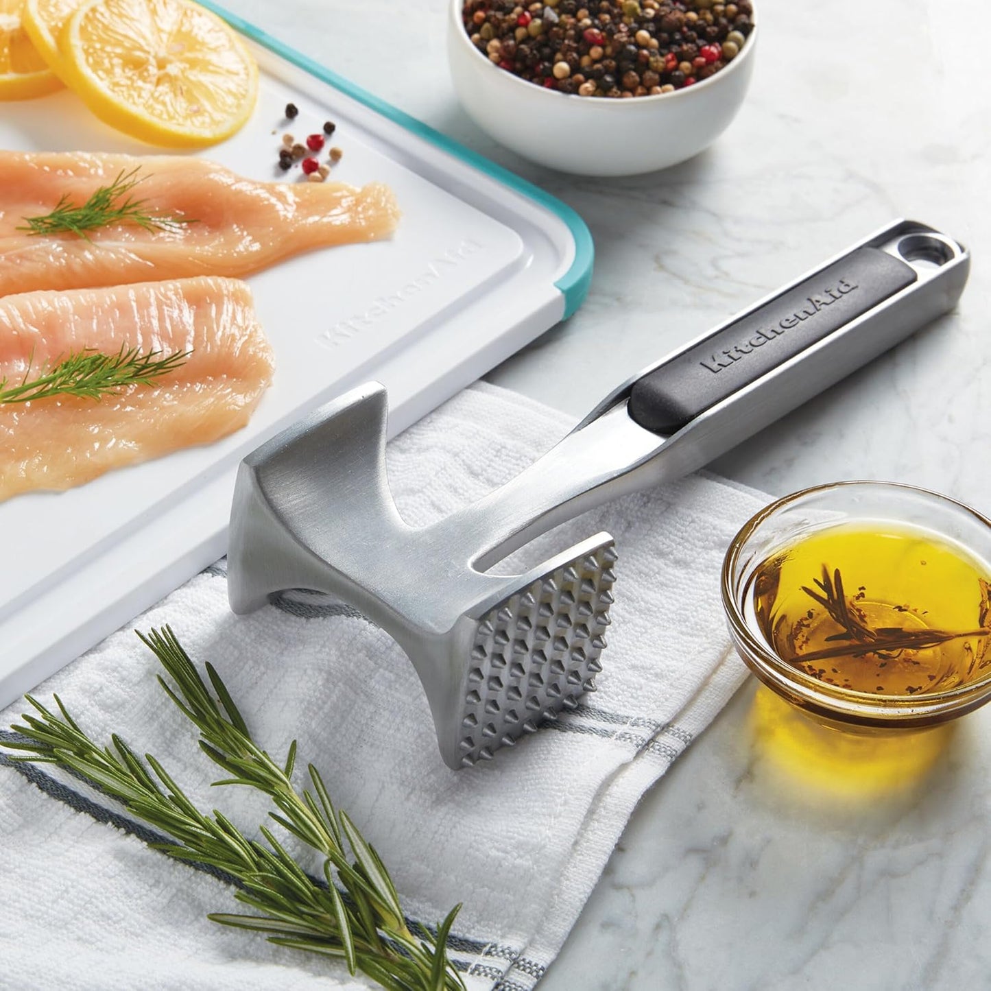 KitchenAid Gourmet Multi Sided Meat Tenderizer for Pounding Meats, Nuts, Shellfish, ect, Hang Hole for Easy Storage, Hand Wash, One Size, Black