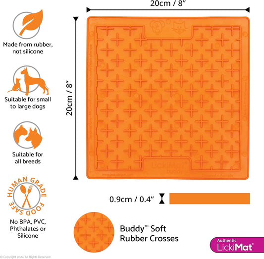 LickiMat Classic Buddy Slow Feeder for Dogs Lick Mat Boredom Anxiety Reducer Perfect for Food Treats Yogurt Liquid Food Peanut Butter Fun Alternative to a Slow Feed Dog Bowl, Orange