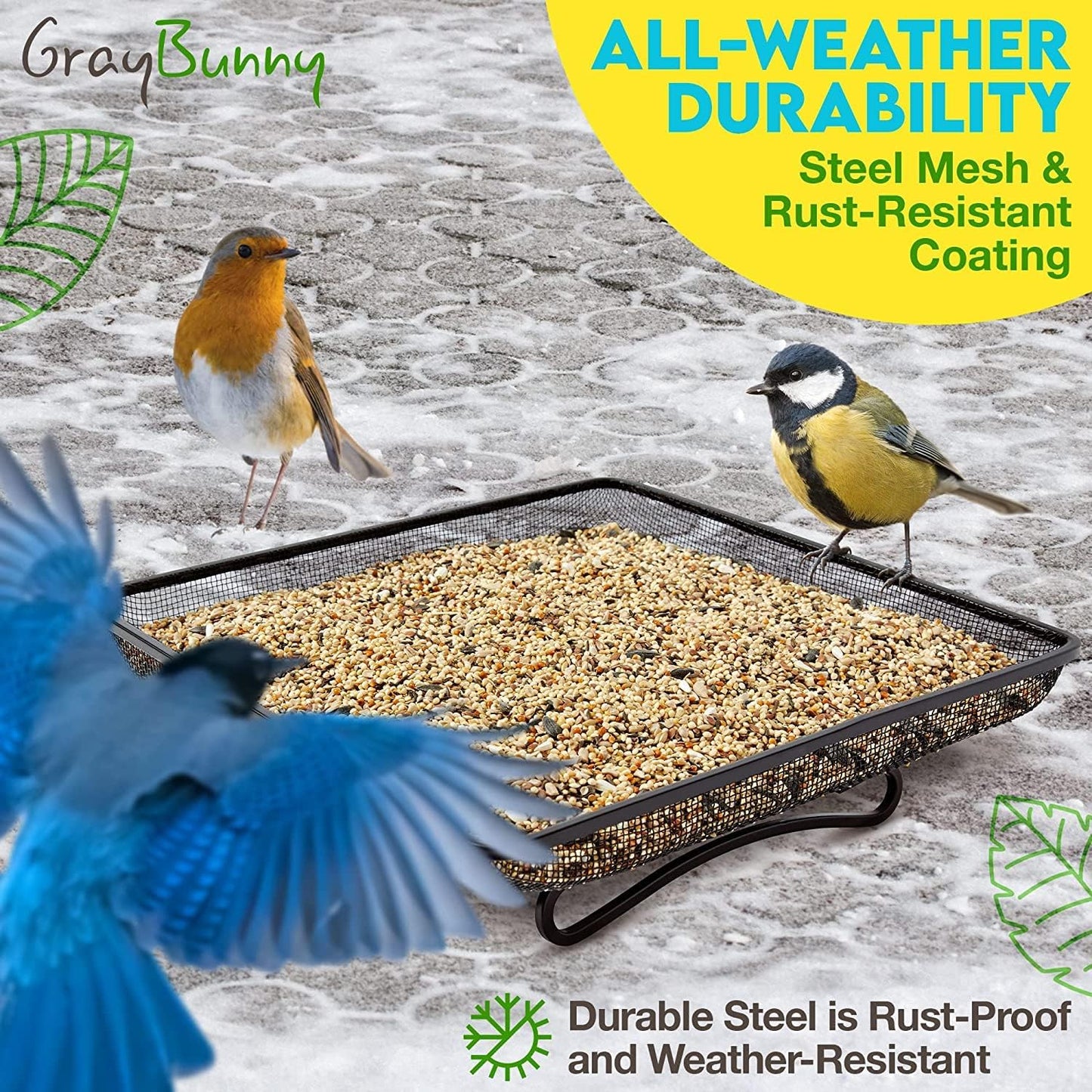 Gray Bunny Ground Bird Feeder Tray - Metal Platform Mesh Seed Tray for Standing Bird Feeders - Great Attracting Garden Yard Decoration for Wild Birds Squirrels Dove Cardinal Blue Jay Crows (11x11in)