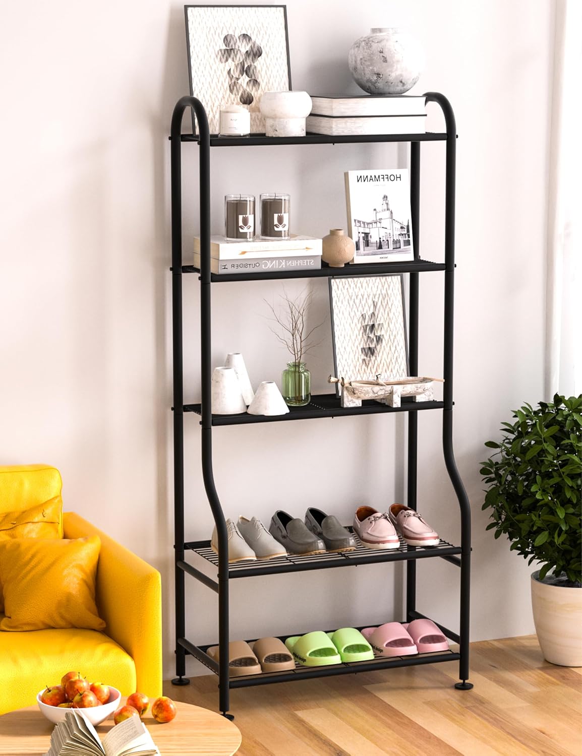 5-Tier Metal Plant Stand - Heavy Duty Indoor Outdoor Flower Shelf for Multiple Pots, 65" Tall Vertical Holder with Adjustable Leveling Feet & Wall-Fixing Kits, Black