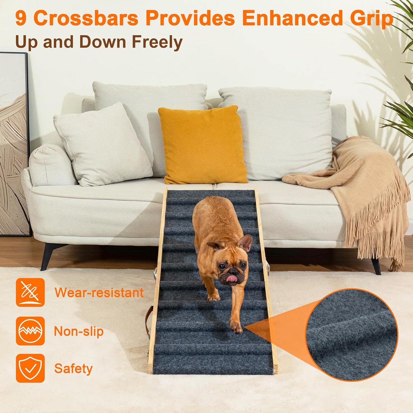 Clikuutory 2025 Upgraded Dog Ramp for Couch, 47.2" Foldable Small Dog Ramp for Bed, 4 Adjustable Height from 14" to 26", Portable Stable Pet Steps with Anti-Slip Carpet for Low Bed Couch Stairs, Wood