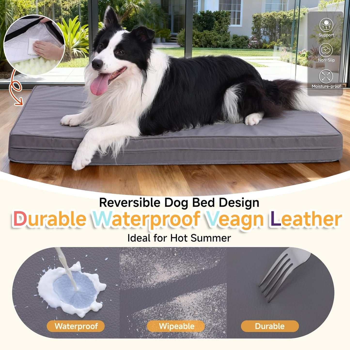 XXL Dog Bed for Large Dogs, Waterproof XXL Dog Crate Pad with Orthopedic Egg Crate Foam Reversible & Washable Cover, Egg Crate Foam, Anti-Slip, 47" x 29", Gray