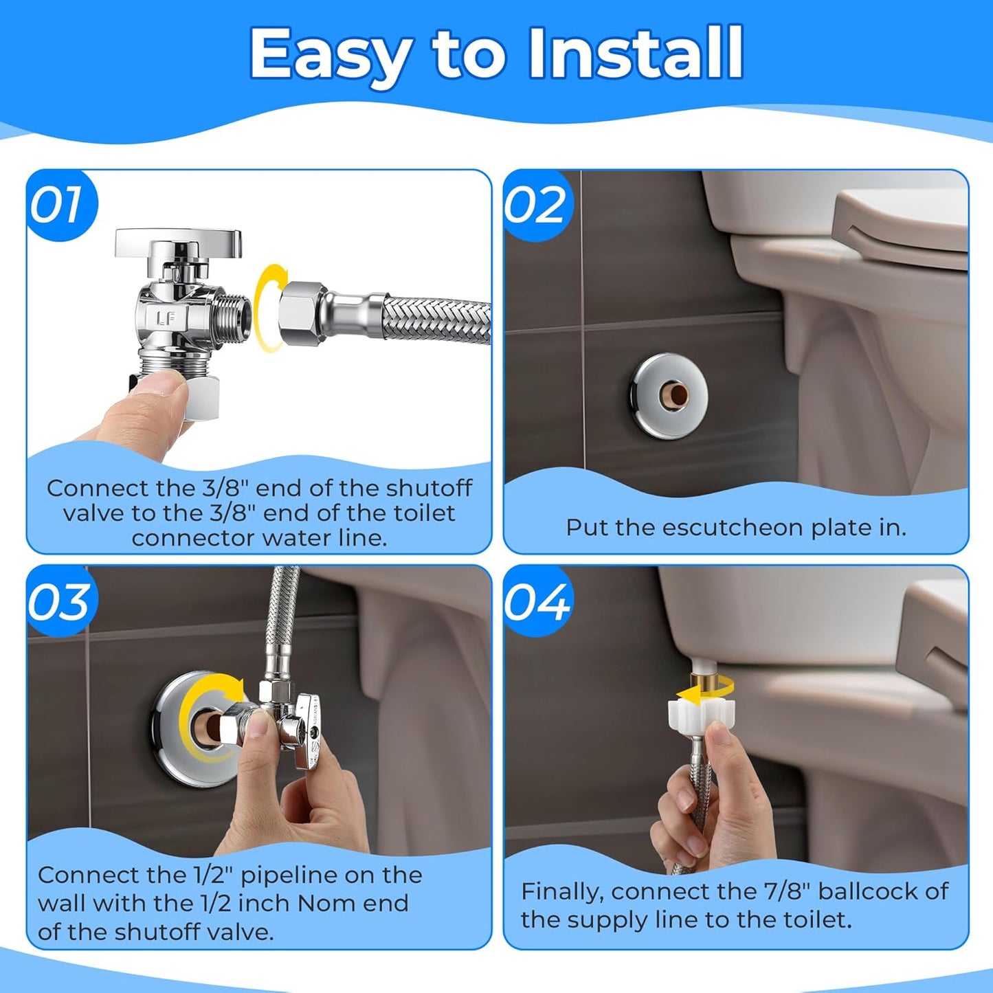 1 Pack Complete Toilet Valve Set, Includes 1/2'' Nom Inlet x 3/8'' OD Compression Outlet Angle Shut Off, 7/8" BC x 3/8" COMP Toilet Water Supply Line, Escutcheon Plate, Sealing Tape (9 Inch)