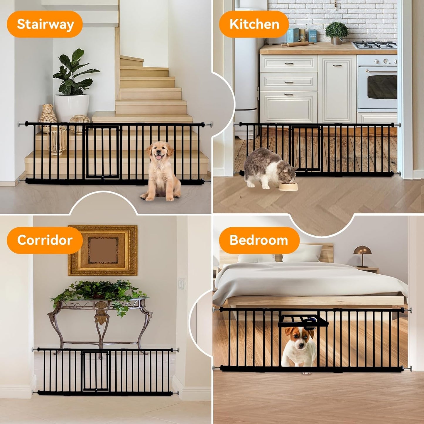 10" Height Short Dog Gate Adjustable18-48 Extra Wide Dog Gate with Small Cat Door,Pet Gate with 4 Extension Kits Pressure Mounted for Doorways & Stairs (Black, 10" Height)