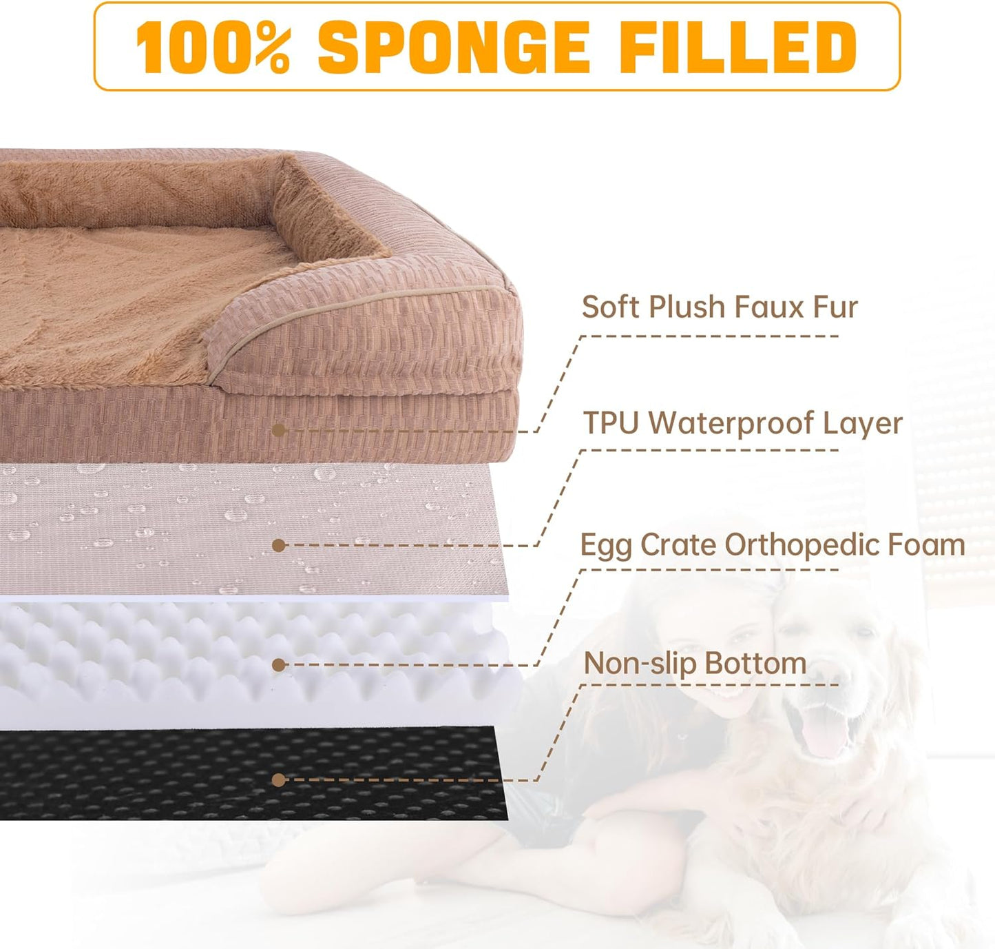 Orthopedic Dog Bed for Extra Large Dogs, 42x30 Inch Waterproof Egg Crate Memory Foam Dogs Bed with Detachable Top, Dog Couch with Zipper Washable Cover, Nonslip Bottom for Living Room, Brown