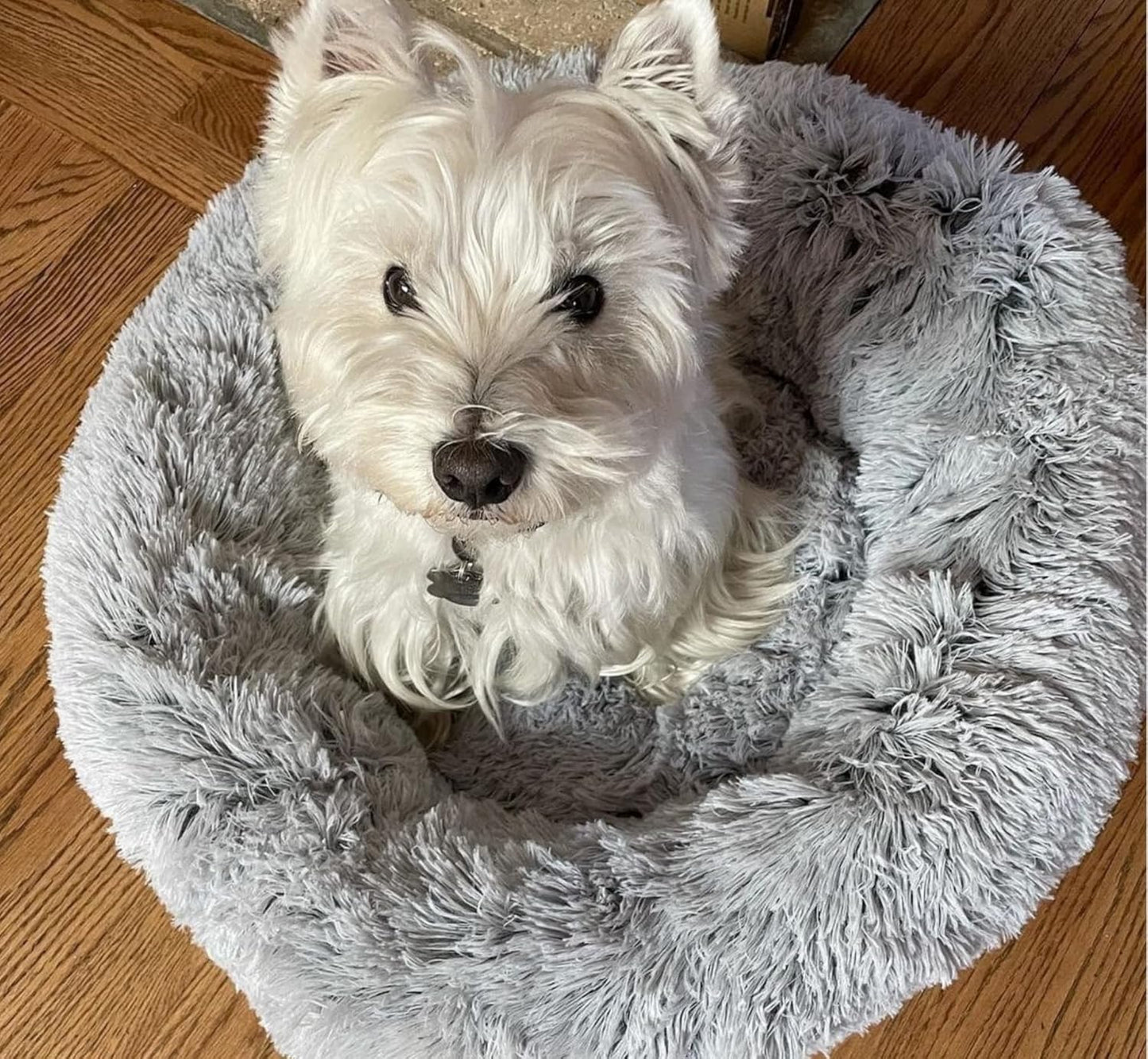 Mr. Peanut's OrthoPlush Two Tone Extra Fluff Faux Fur Donut Pet Bed (Small, Gray)