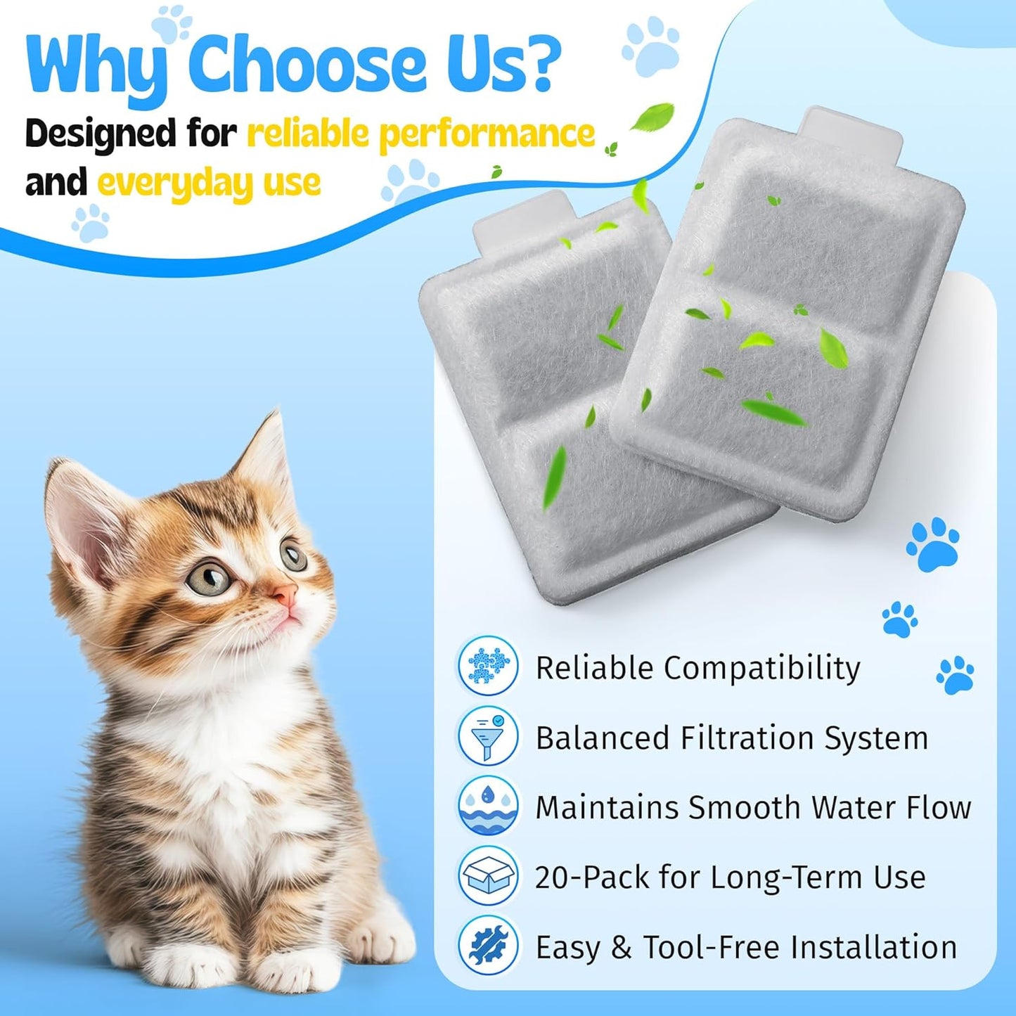 Enhon 20 Pack Small Cat Water Fountain Filters, Compatible with Whisker City 50 oz Automatic Pet Fountain, Dog Water Dispenser Replacement Filters for Pineapple, Ceramic and Stainless Steel