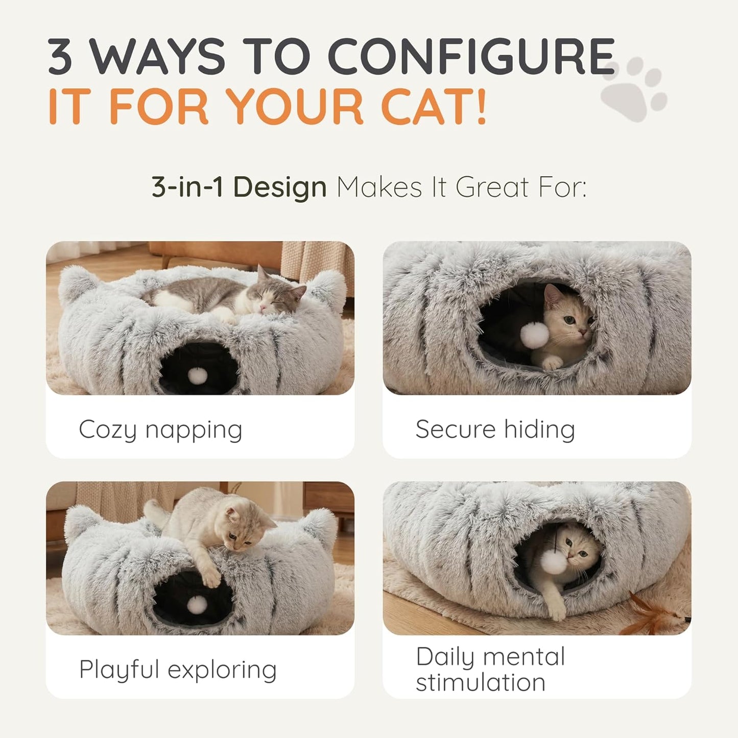 3-in-1 Cat Tunnel Bed Cave with Fun Catnip Interactive Stimulating Kitten Toys for Indoor Bored Cats - Peekaboo Hideaway & Donut Tunnel - Foldable Cute Furry Fuzzy Bed - 32"