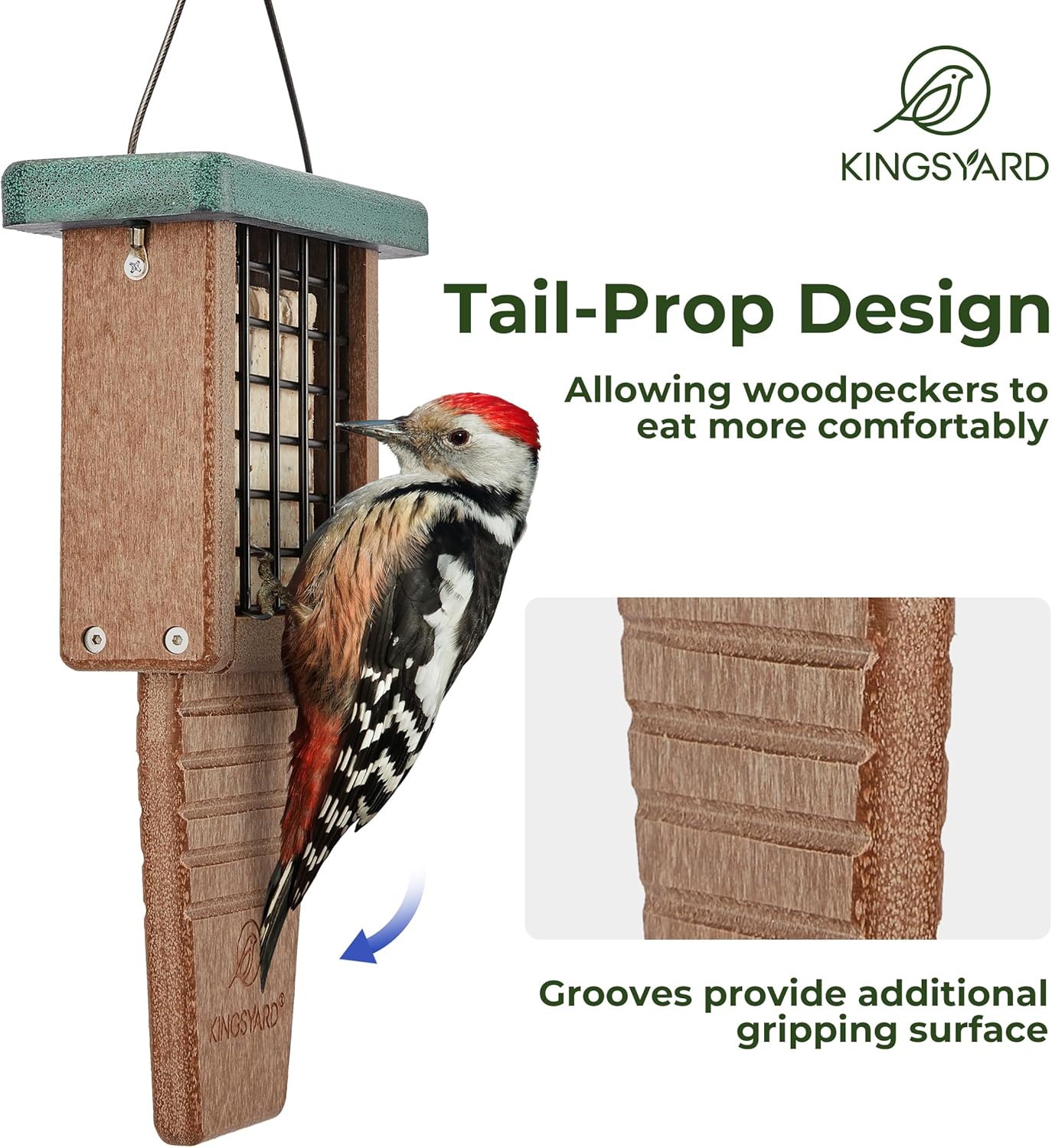 Kingsyard Recycled Plastic Suet Feeder, Tail Prop Suet Feeder for Outside Hanging, Sturdy & Durable, Great for Woodpecker & Clinging Birds, Green