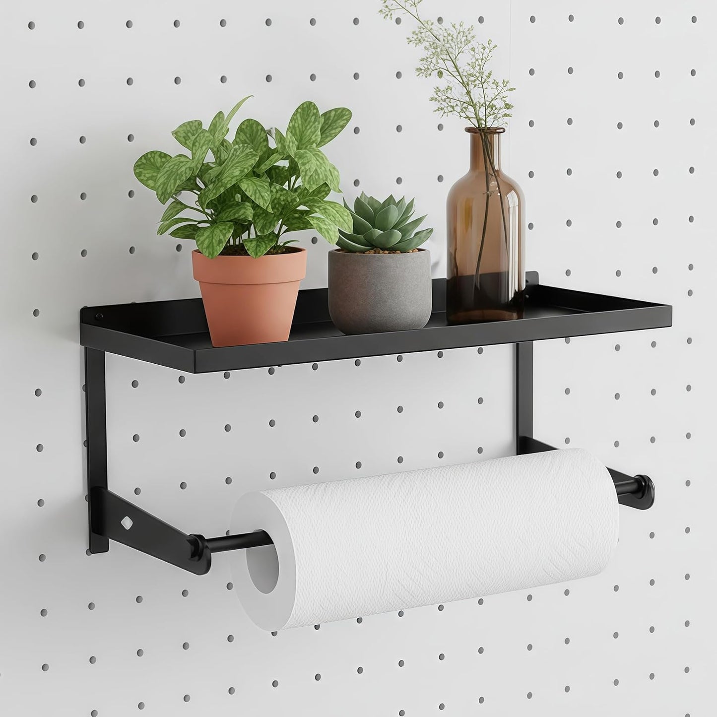 1 Pack Paper Towel Holder for Pegboard, Pegboard Paper Towel Holder with Shelf, Heavy Duty Peg Board Accessory, Pegboard Accessories for Garage, Workbench, Laundry or Craft Room Organization