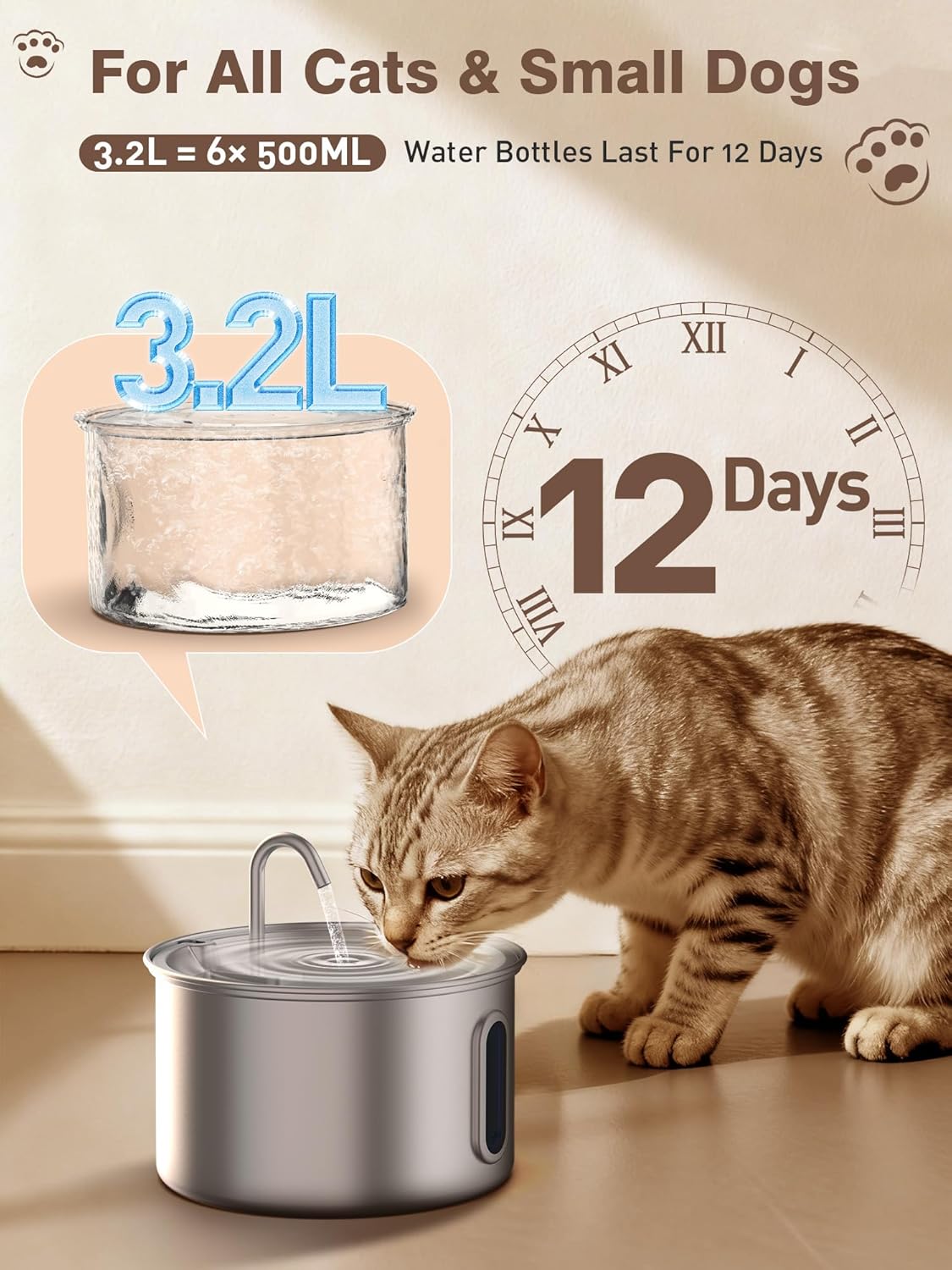 Stainless Steel Cat Water Fountain, 3.2L/108oz Quiet Automatic Cat Water Dispenser, Indoor Pet Spout, Dog Drinking Bowl with 1x Filter & 1x Sponge for Cats/Dogs/Multiple Pets - Silver