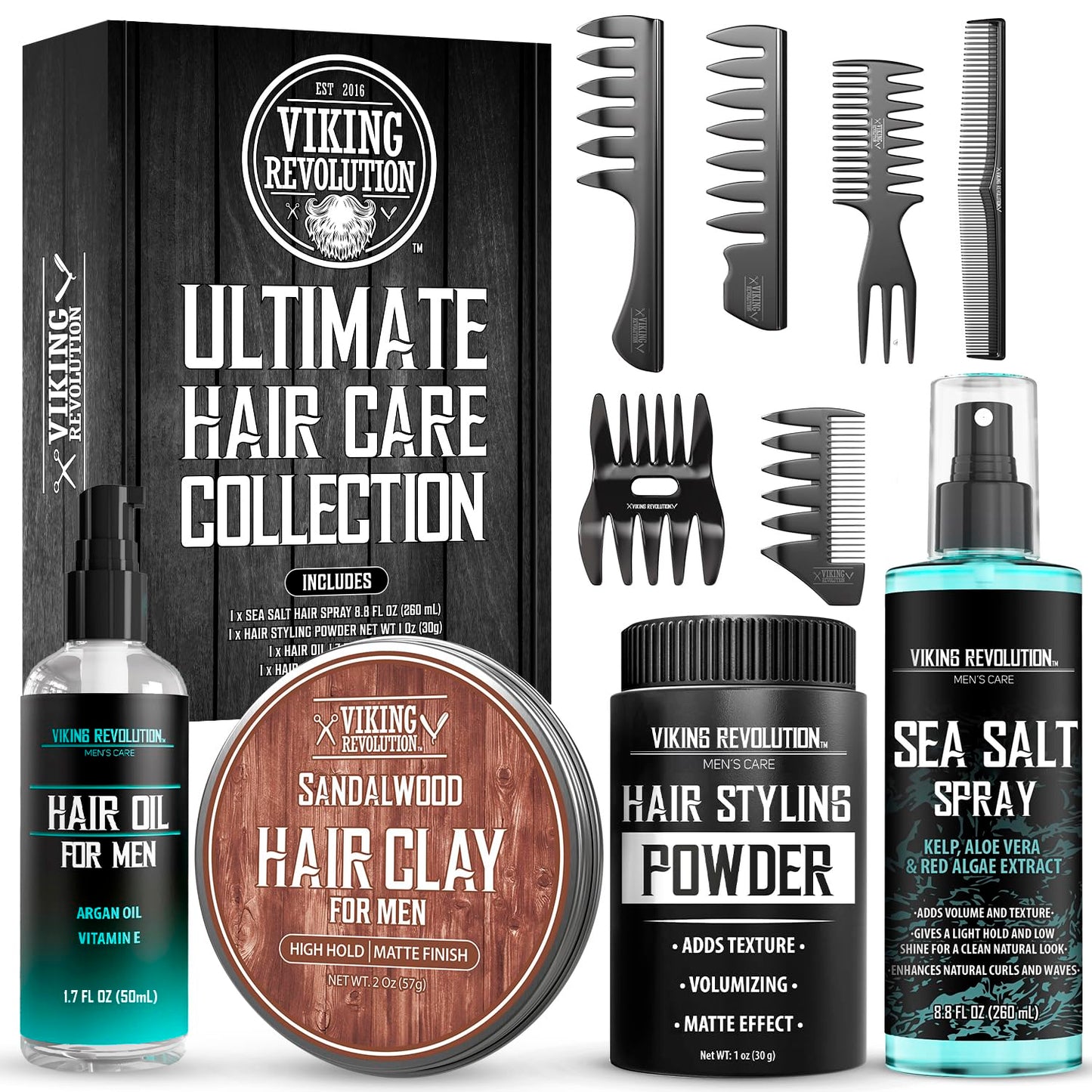 Viking Revolution Ultimate Hair Care Collection - Styling Hair Kit Includes Sea Salt Spray (8.8fl oz), Texture Powder (1oz), HairClay (2 oz), Comb Set (6 Pieces) and Oil (1.7fl oz) - Men Gifts