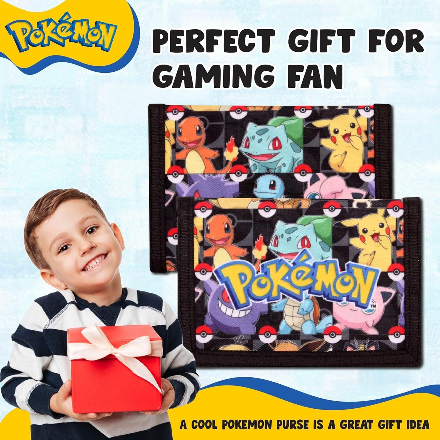 Pokemon Wallet for Boys and Girls, Kids Trifold Purse Canvas Wallets with Zip, Coin and Card Holder - Featuring Charmander & Pikachu