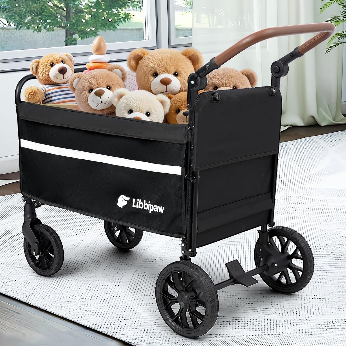 Dog Wagon for Medium Large Dogs up to 200lbs, All Terrain Foldable Large Pet Stroller with Ramp, Dog Wagon Cart with Adjustable Handle & One-Step Brake(Black)
