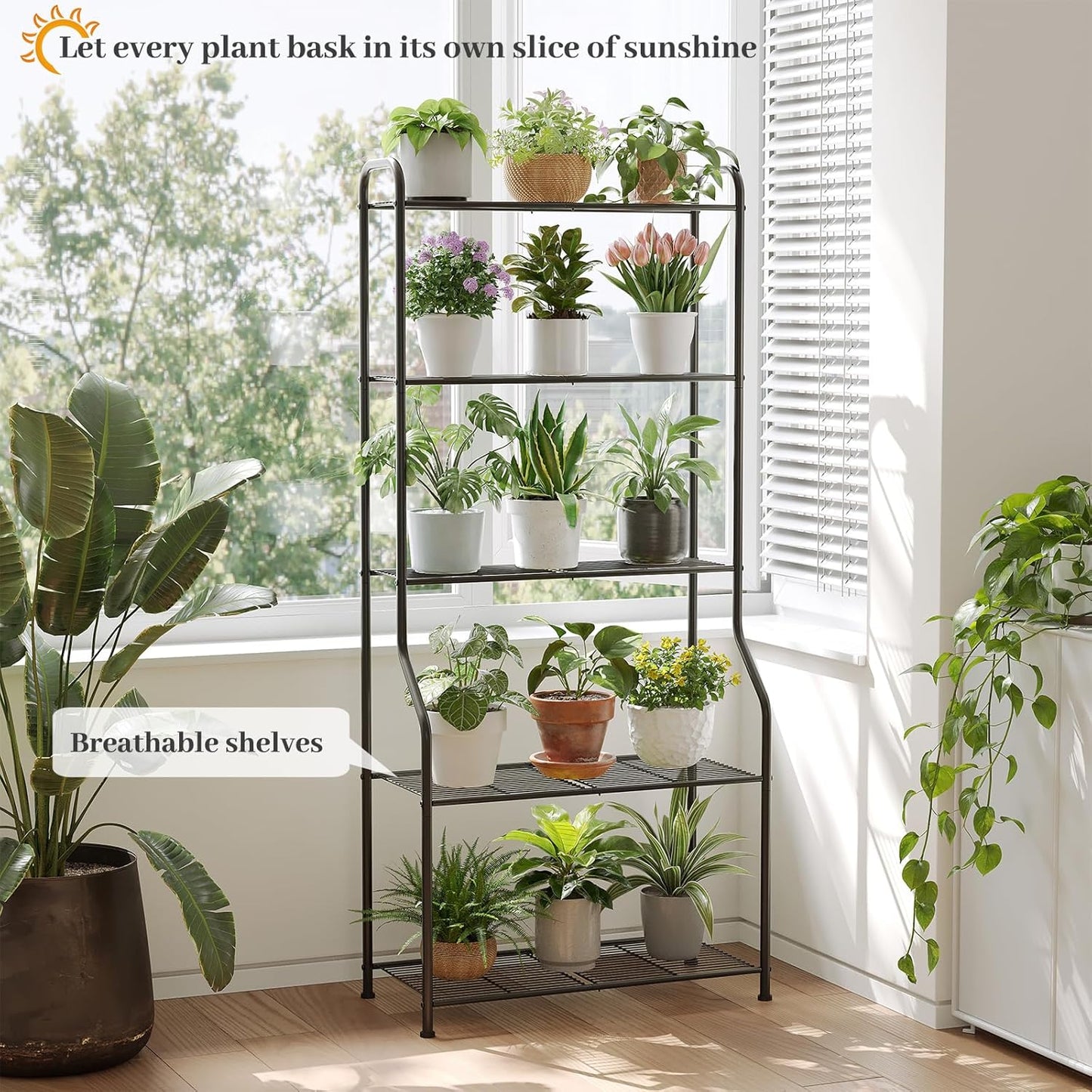 Plant Stand Indoor Outdoor for Multiple Plants, 5 Tier Tall Heavy Duty Metal Shelf, Large Flower Pot Holder Ladder for Garden, Patio, Living Room, Balcony, Black