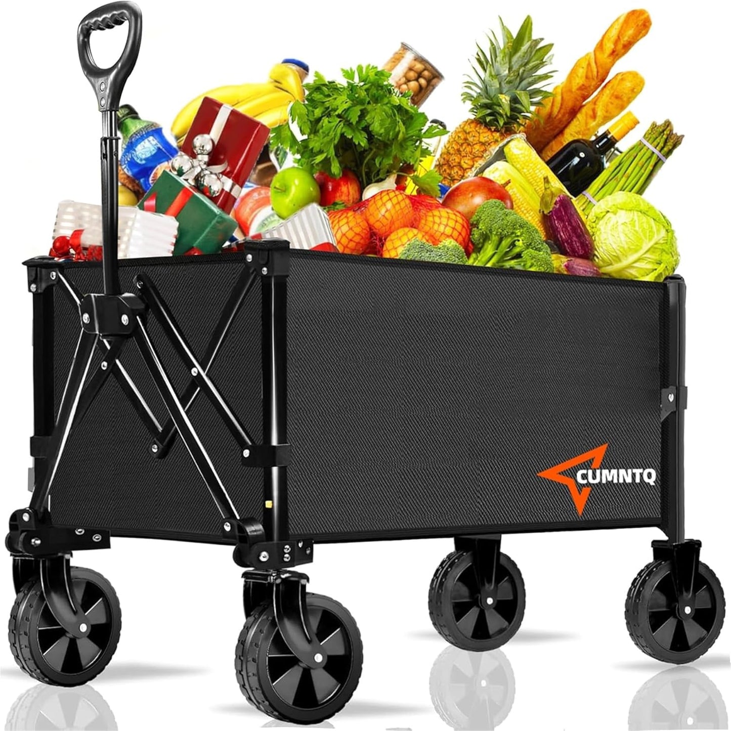 CUMNTQ Wagons Carts Foldable, 350lbs Weight Capacity Collapsible Wagon with All-Terrain Wheels, Grocery Cart on Wheels for Shopping Camping Garden Sports Beach Black