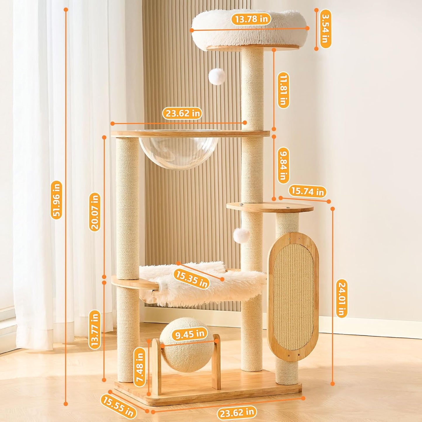 HITTITE Solid Wood Cat Tree Tower with Scratching Post, 53 Inches Tall Cat Towers with Scratching Board and Scratcher Ball, Modern Cat Tower with Space Capsule and Removable Top Bed for Indoor Cats